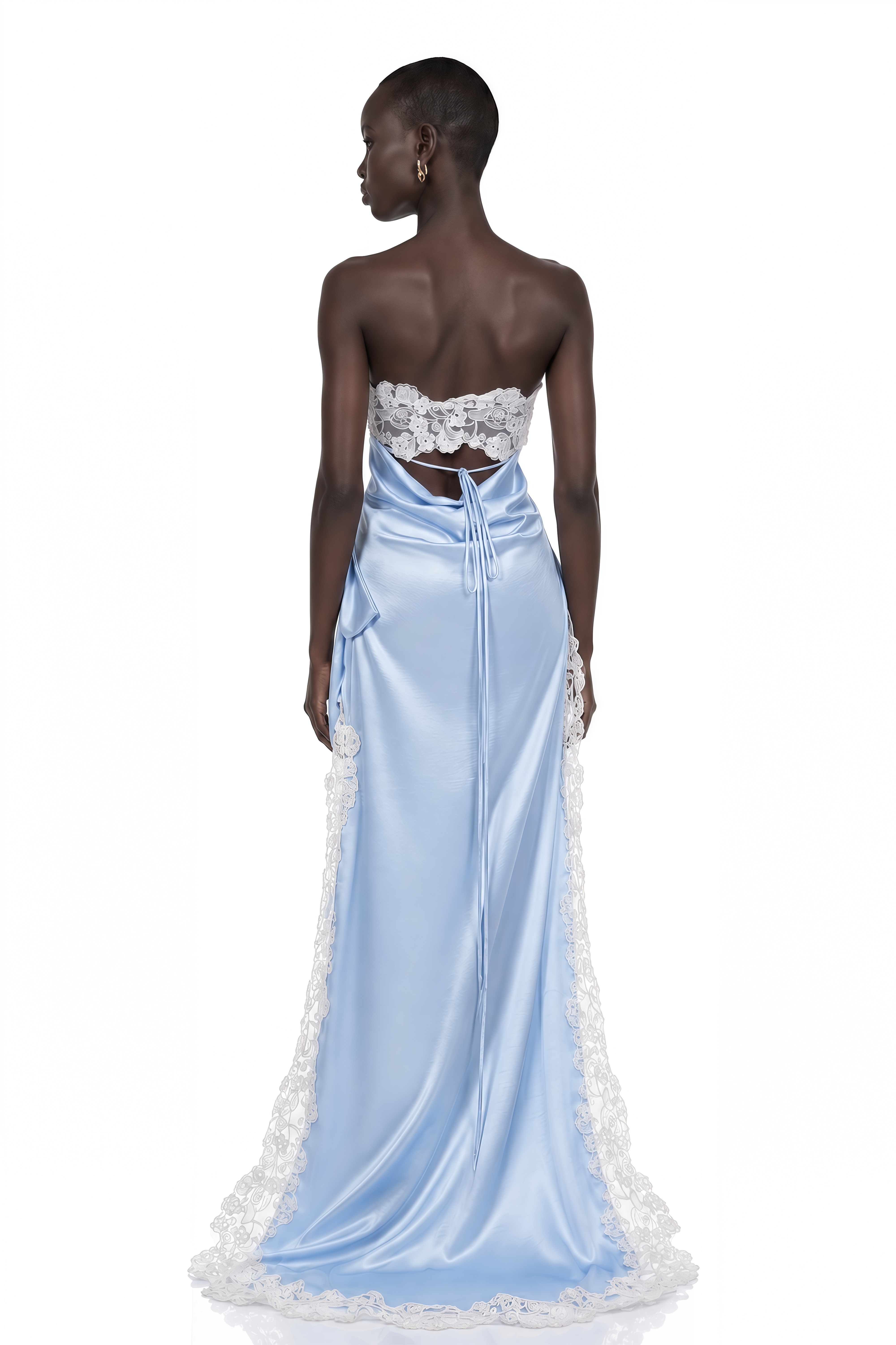 Lola Blue Off Shoulder Asymmetrical Maxi Dress with Lace Trim