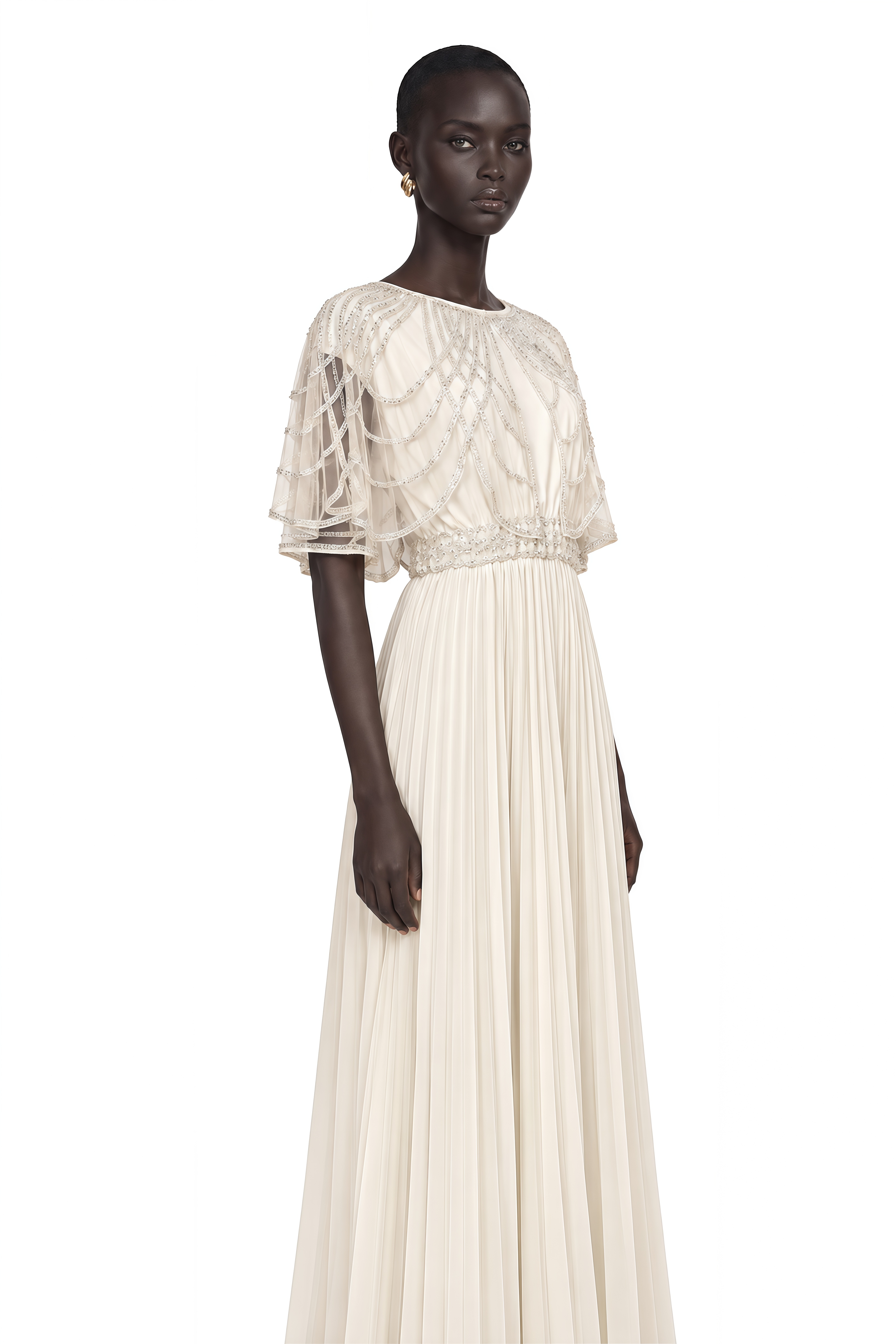 Xénia White Crystal-Embellished Pleated Maxi Dress