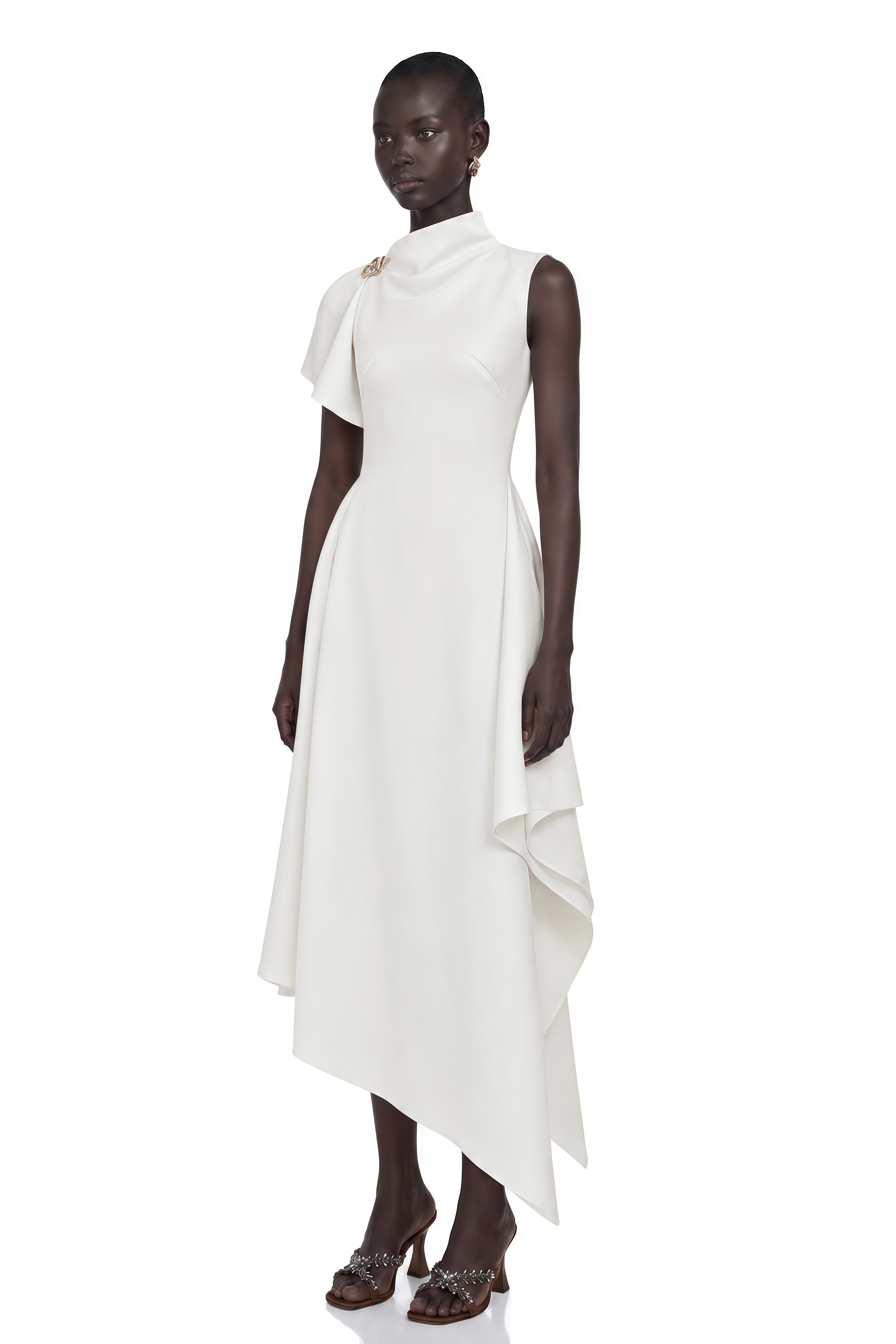 Liana White Asymmetrical Flared Midi Dress