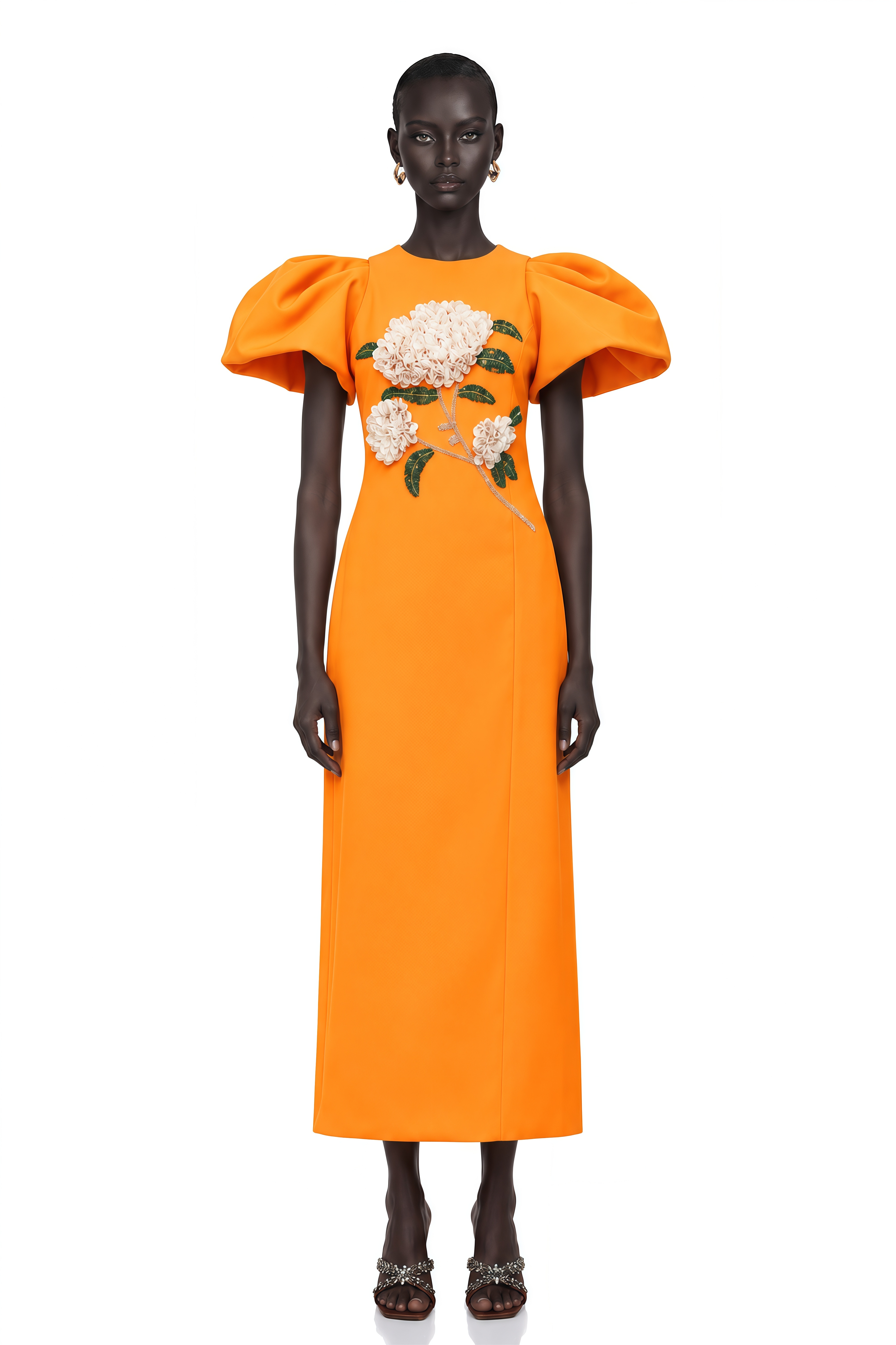 Yrjö Orange Floral Embroidered Midi Dress