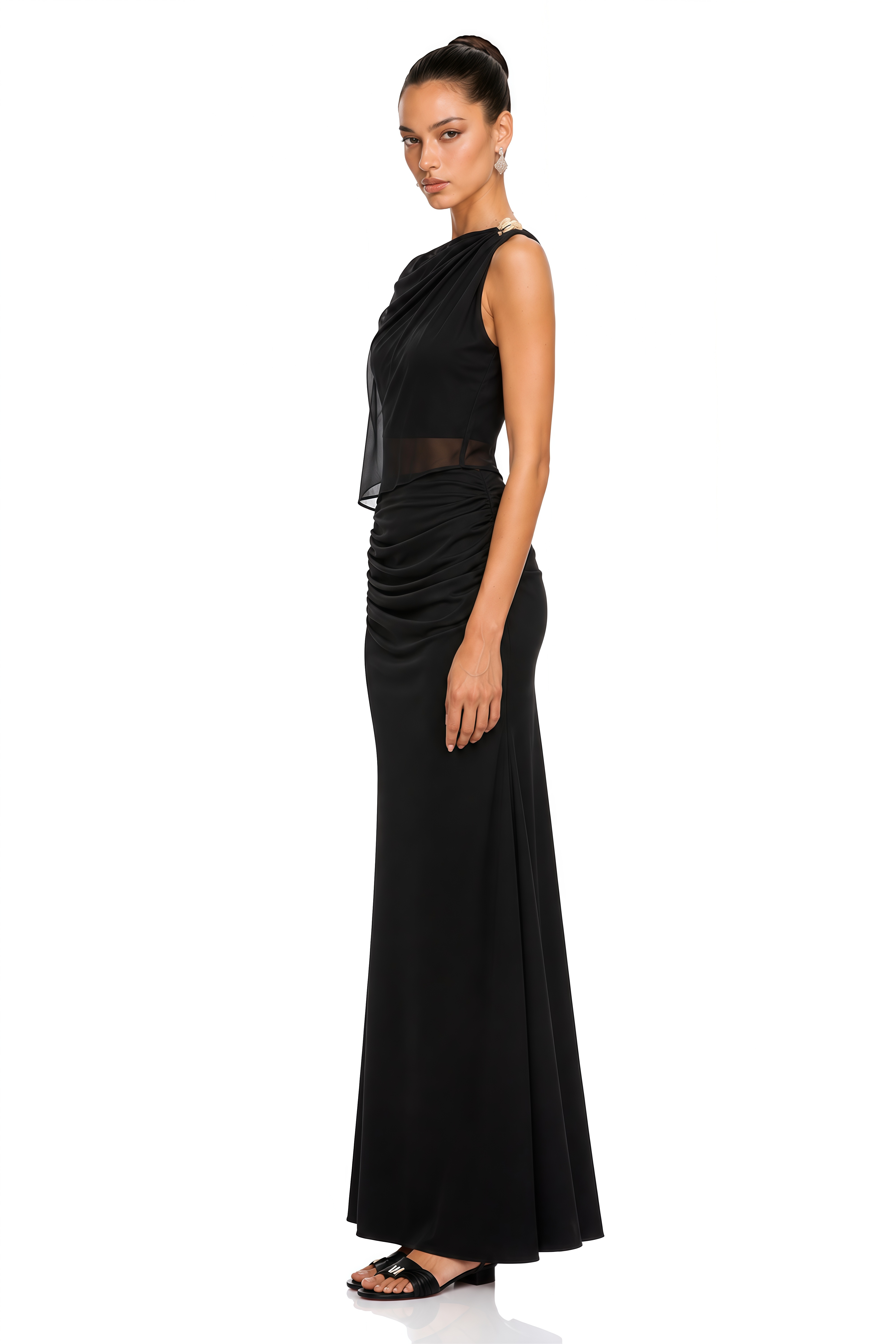 Calypso Black Asymmetrical Ruched Top & Skirt Set