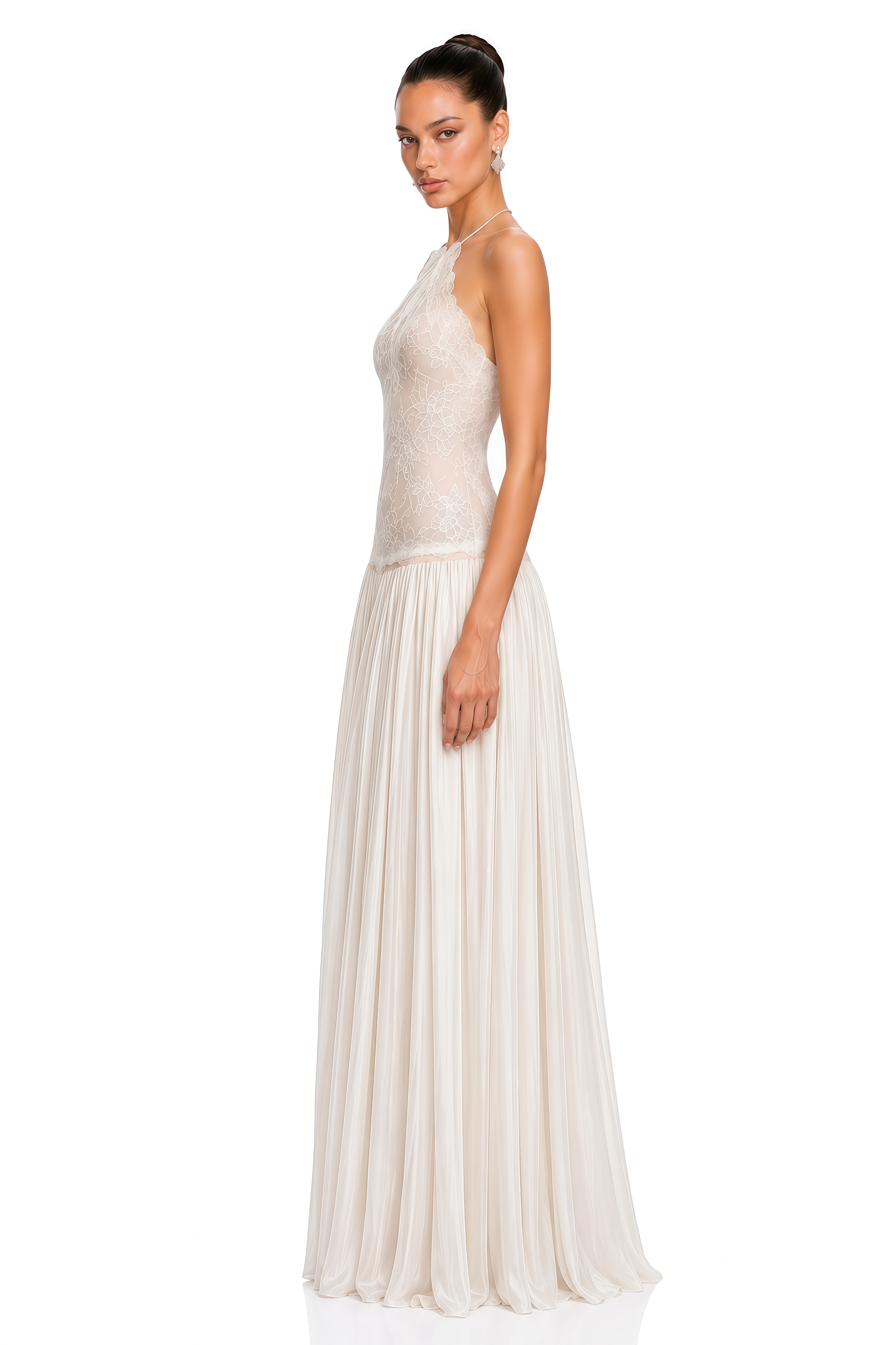 Reine White Pleated Maxi Dress with Lace Panels