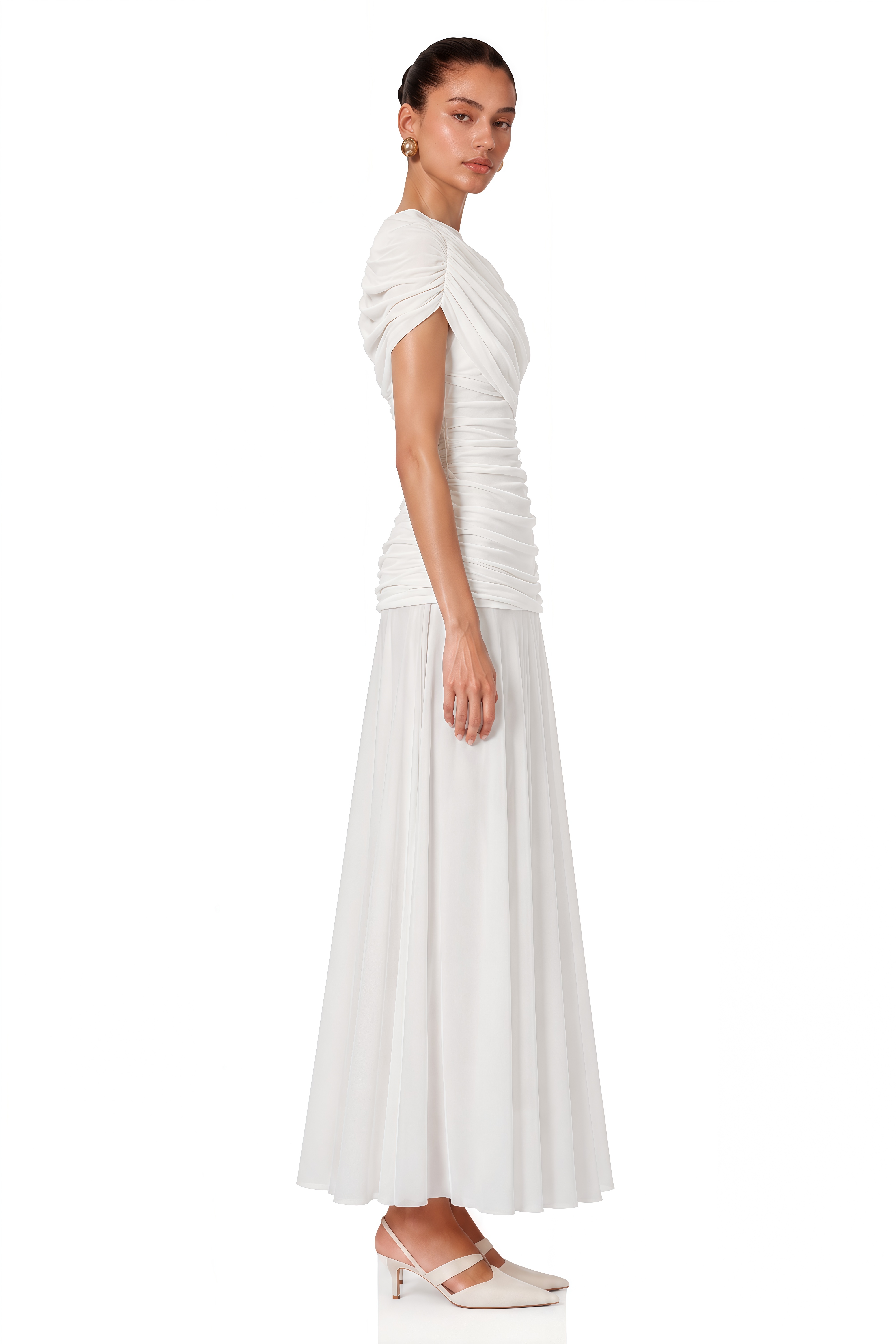 Rosalyn White Crew Neck Ruched Maxi Dress