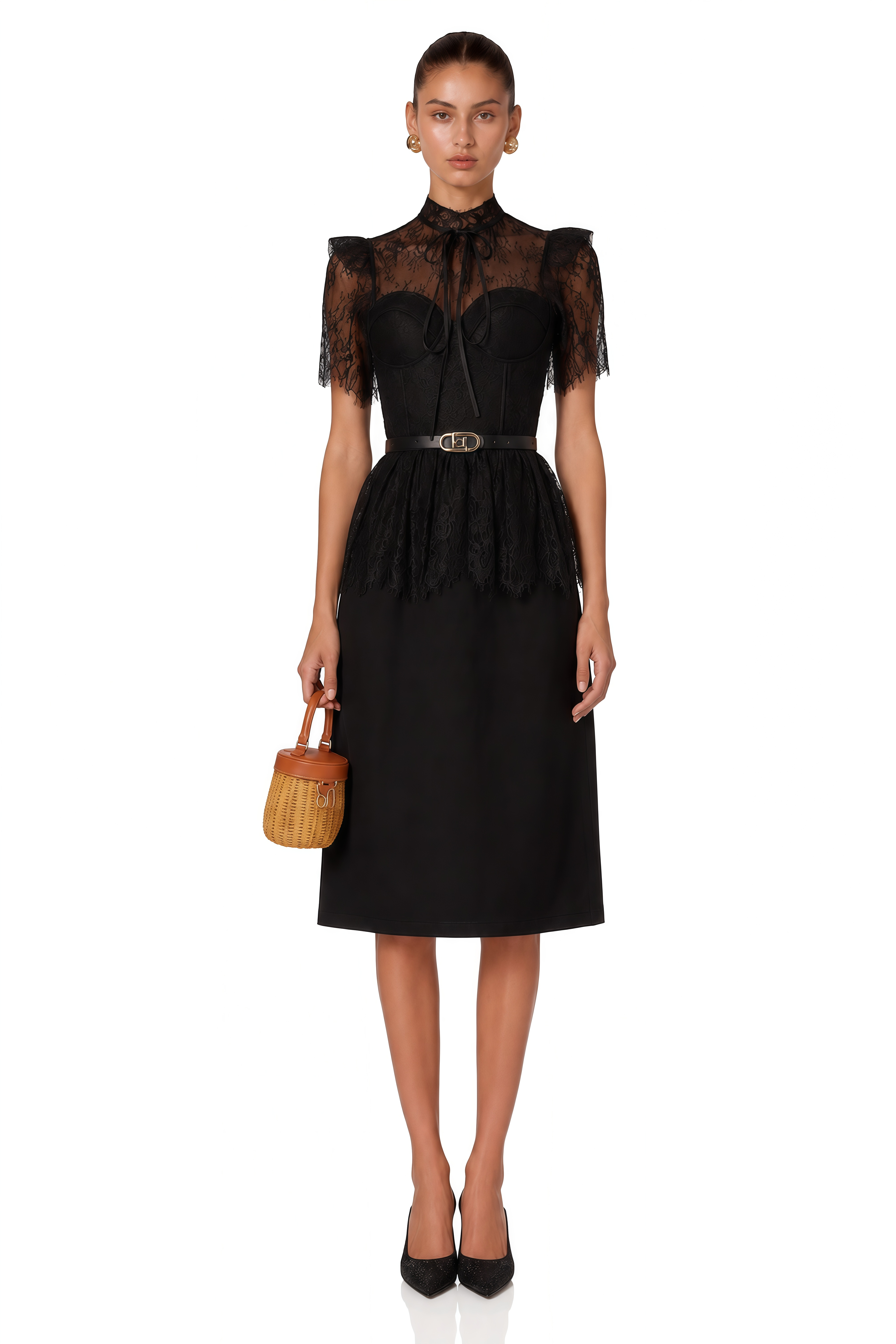 Thérèse Black Guipure-Lace Paneled Midi Dress (Without belt)