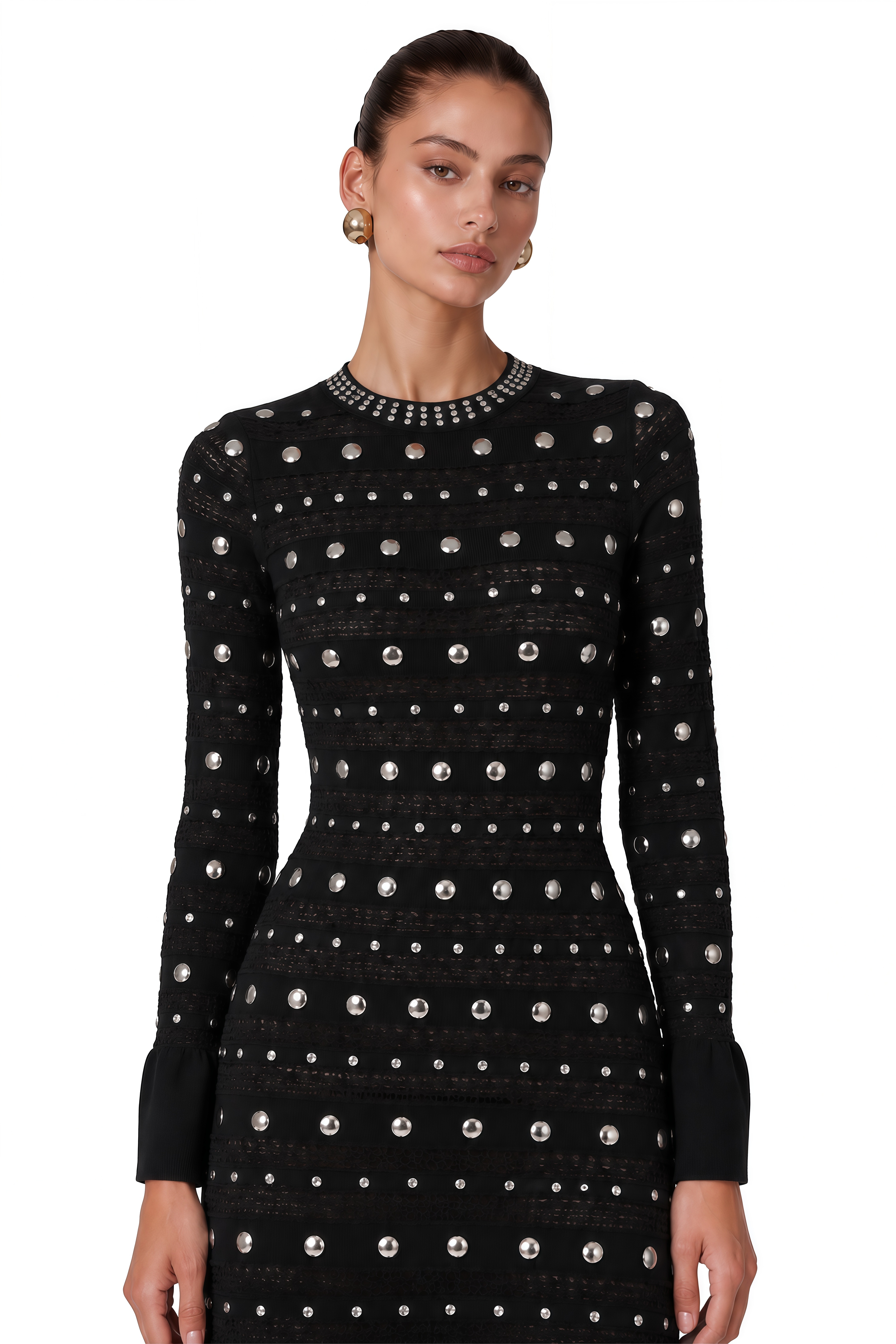 Chloé Black Long Sleeve Studded Crochet Knit Midi dress