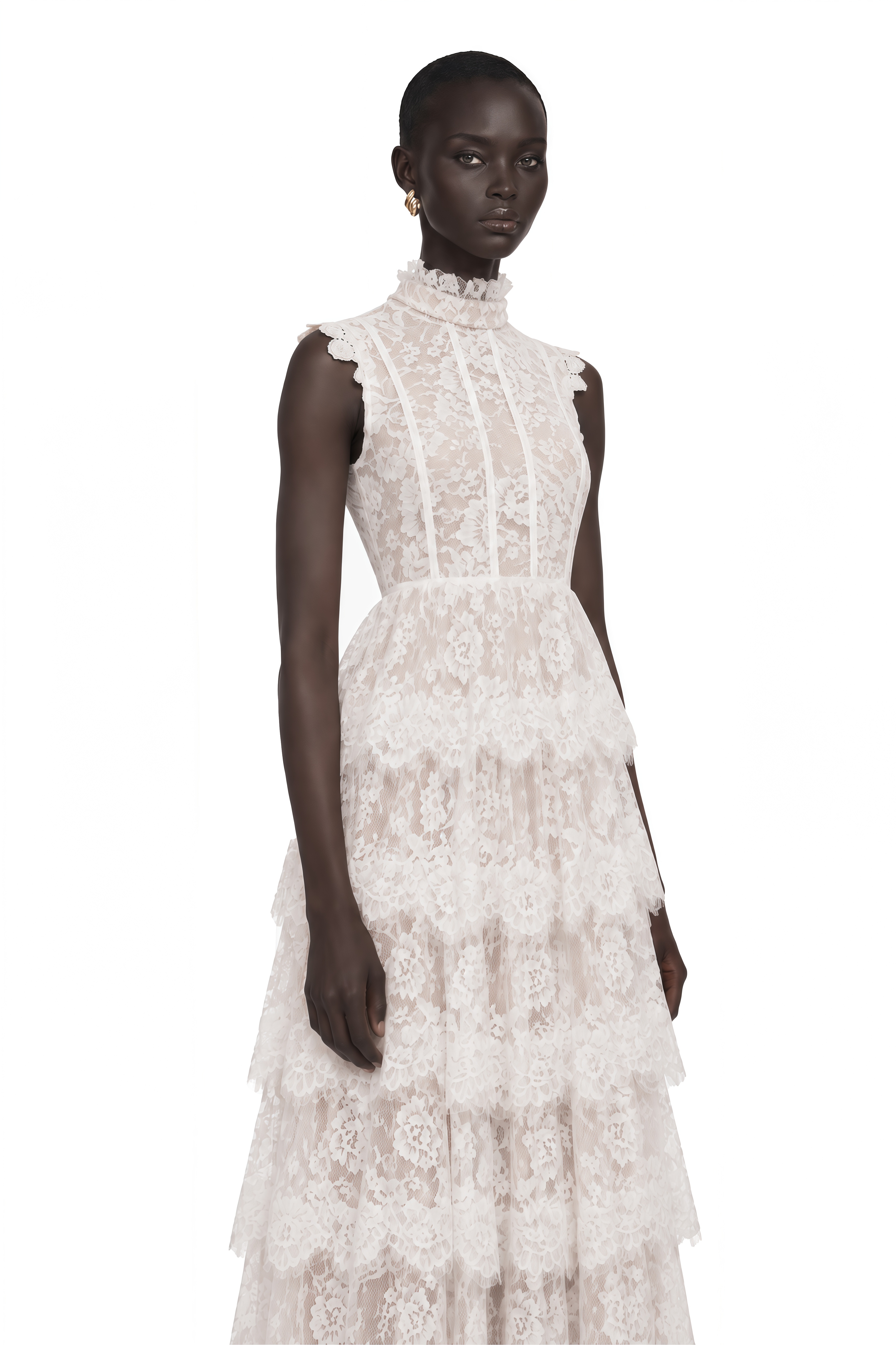 Thérèse White Embellished Floral Lace Tiered Maxi Dress
