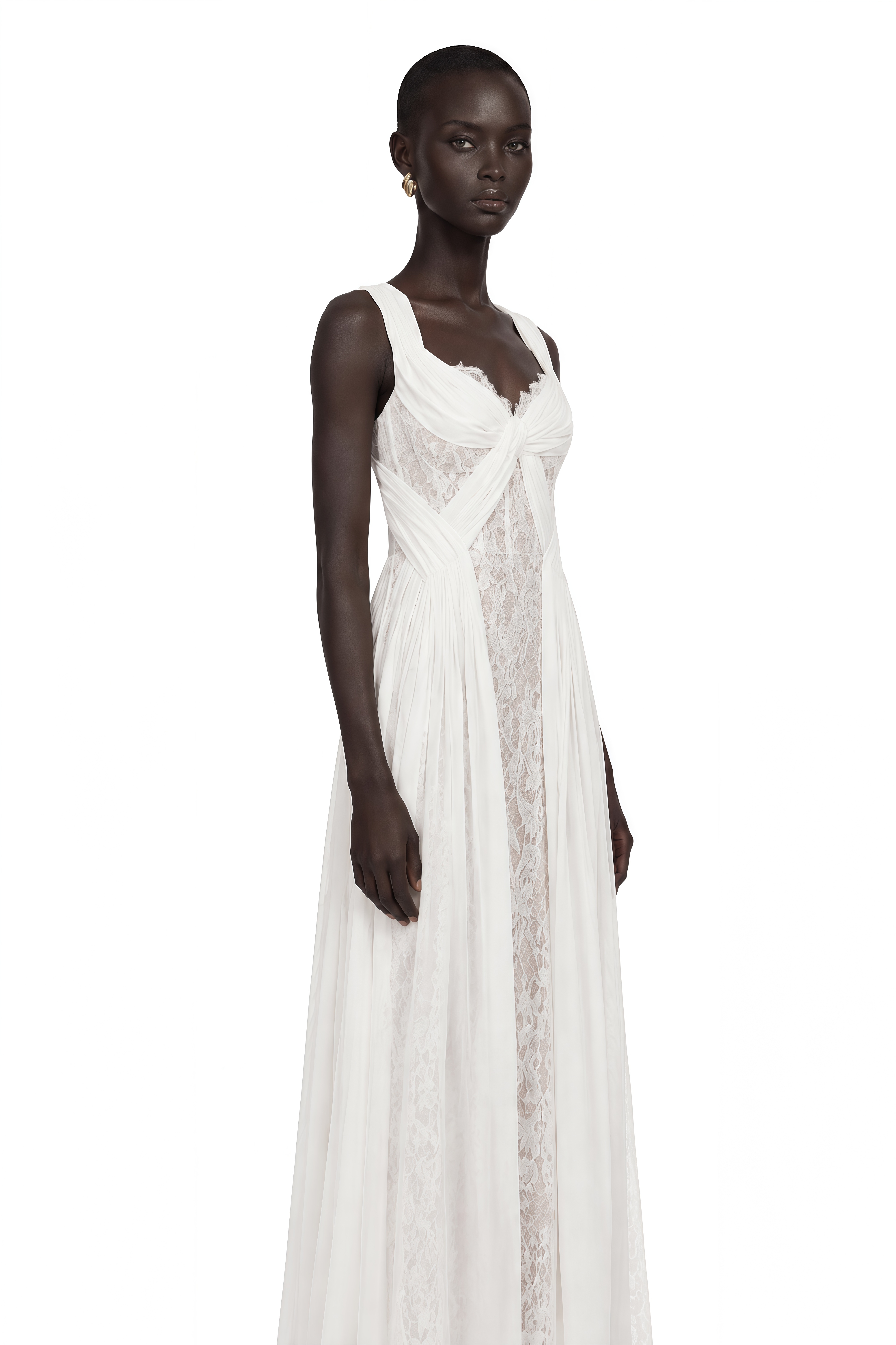 Arantxa White Lace Pleated Maxi Dress