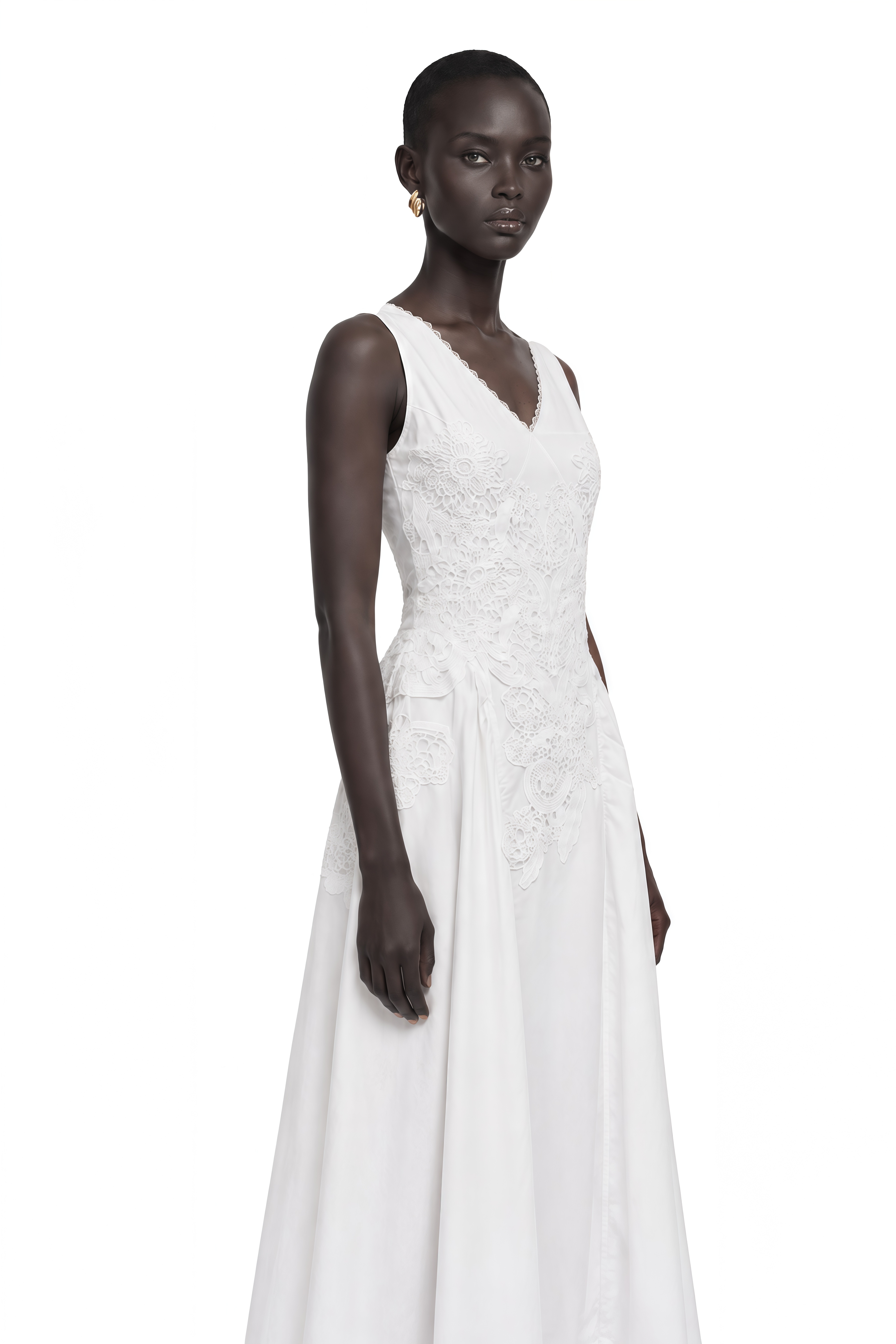 Gertrude White V-Neck Lace Midi Dress