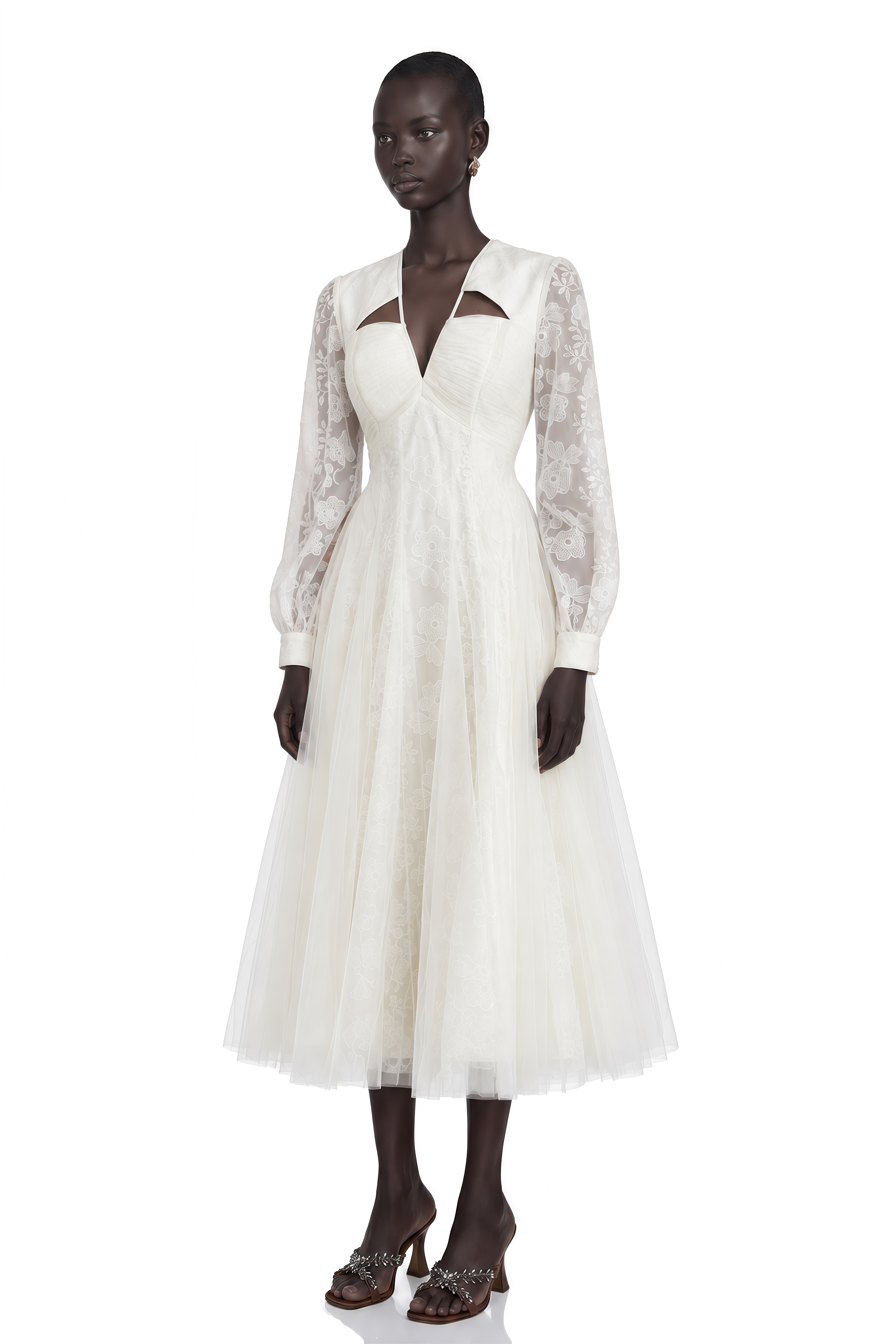 Eirlys White Floral Lace Tulle Midi Dress