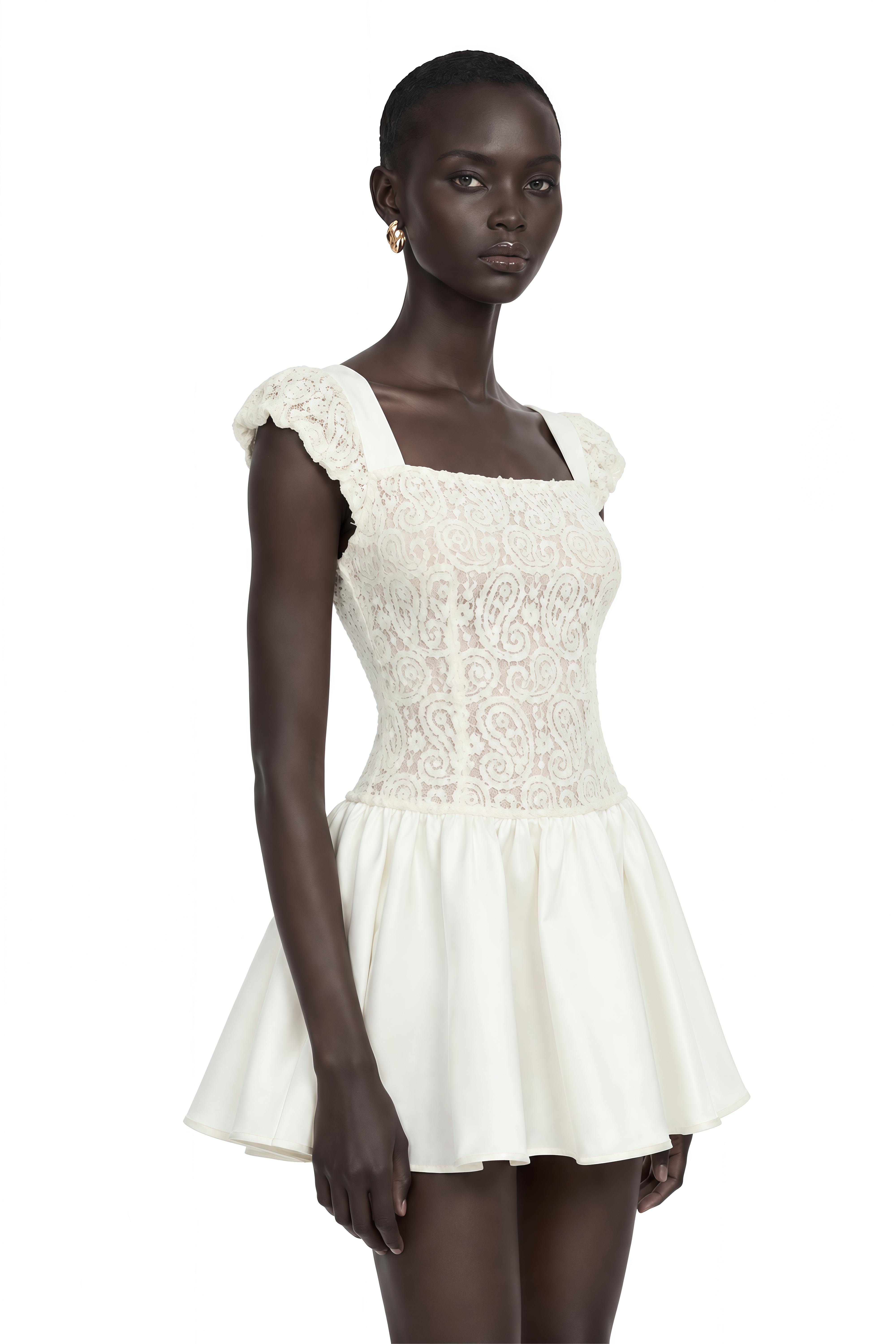 Hermione White Square Neck Mini Dress with Lace Panels
