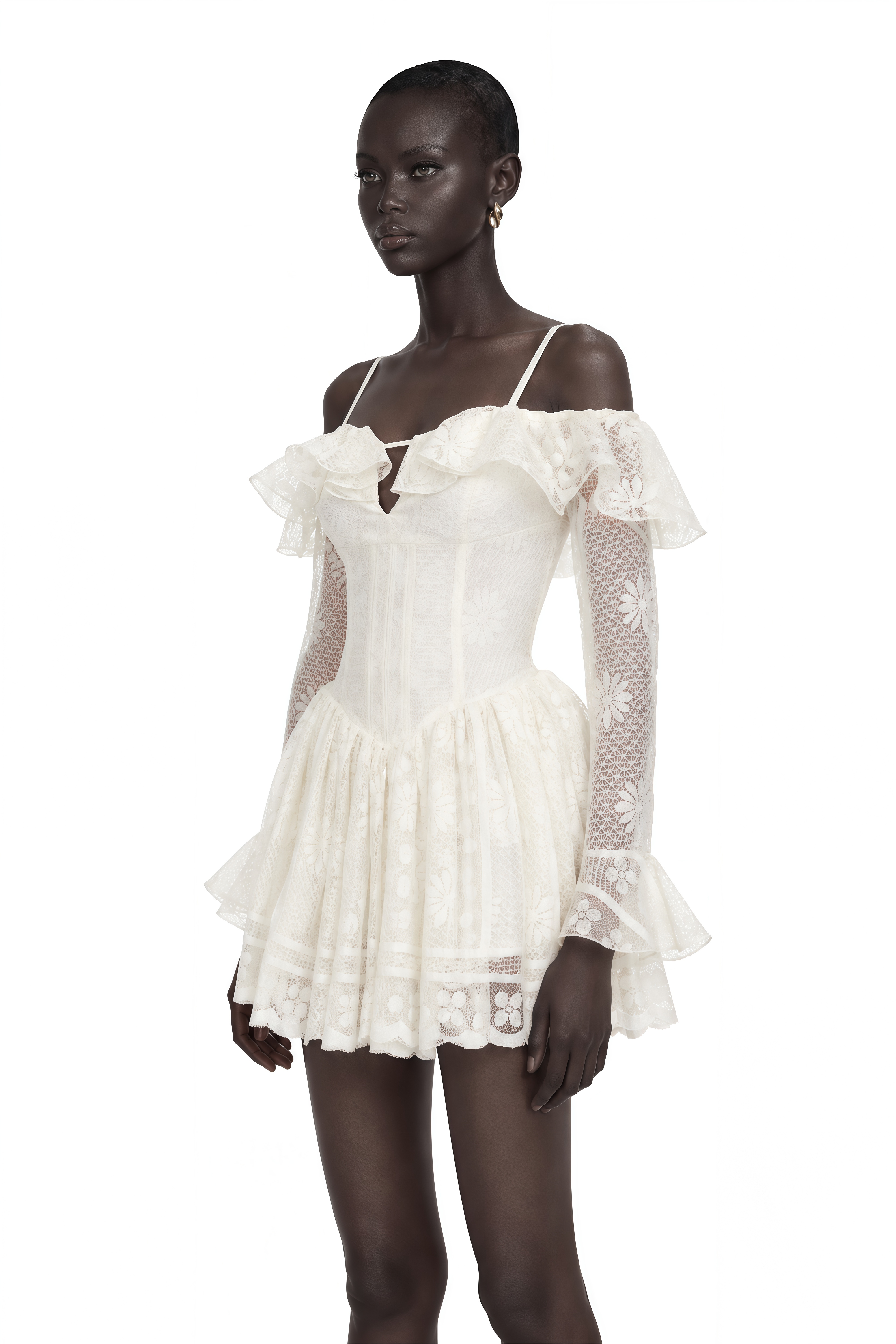 Omphale Neutral Floral Lace Ruffled Mini Dress