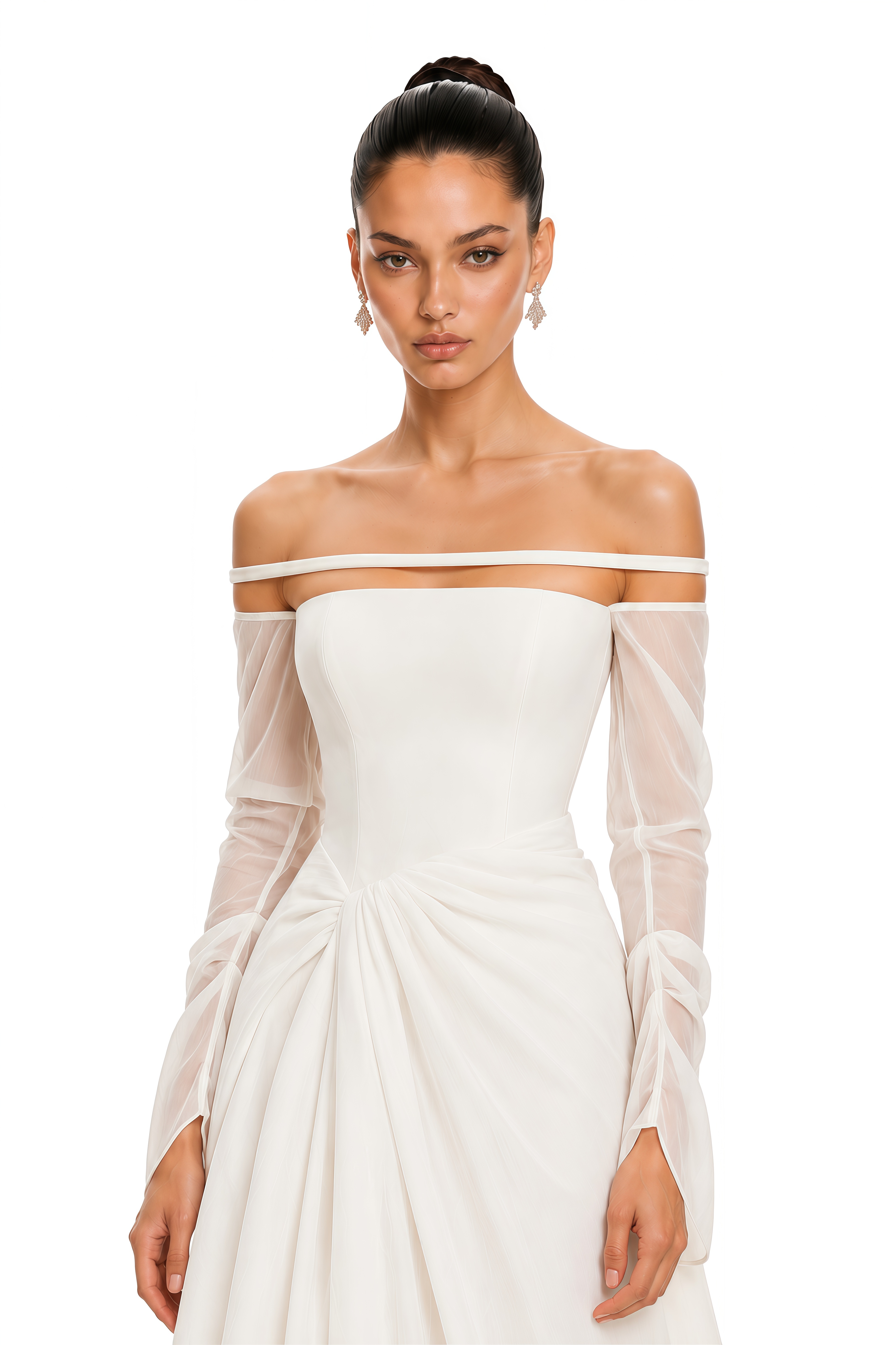 Gelsomina White Gathered Crepe Midi Dress