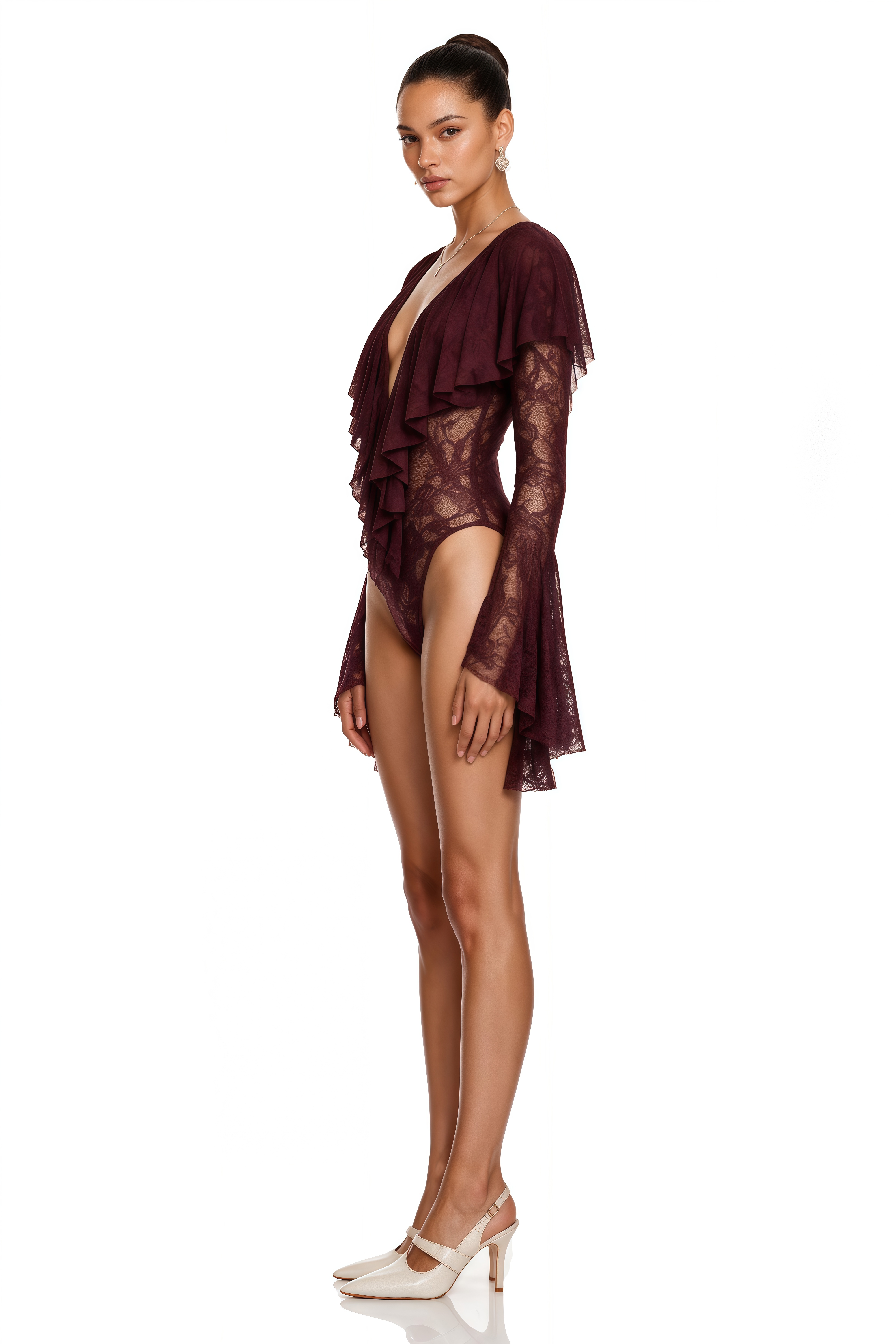 Ruan Burgundy Ruffled Lace Bodysuit