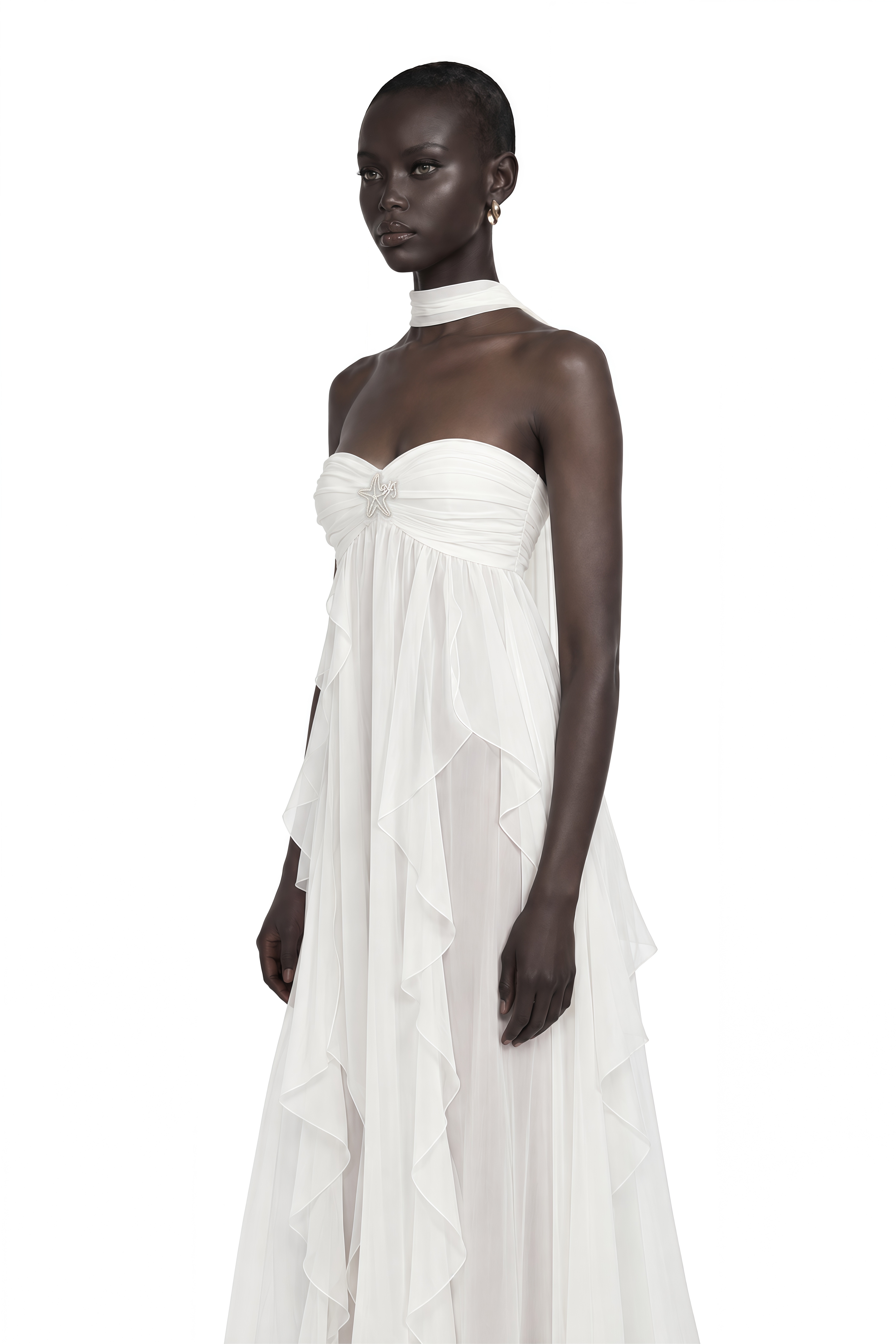 Mariah White Chiffon Ruffle Halterneck Maxi Dress