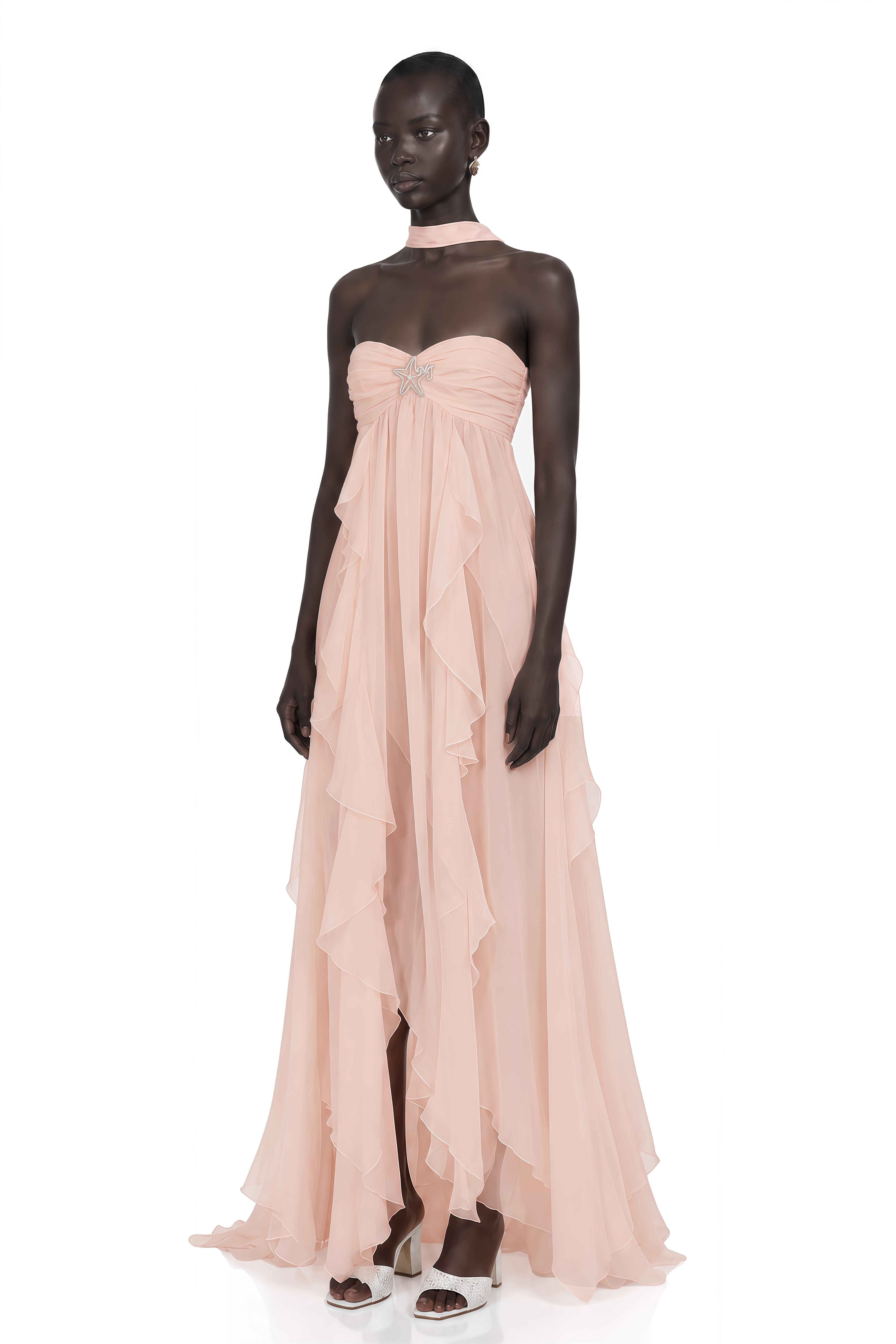 Mariah Pink Chiffon Ruffle Halterneck Maxi Dress – Miss Rosier