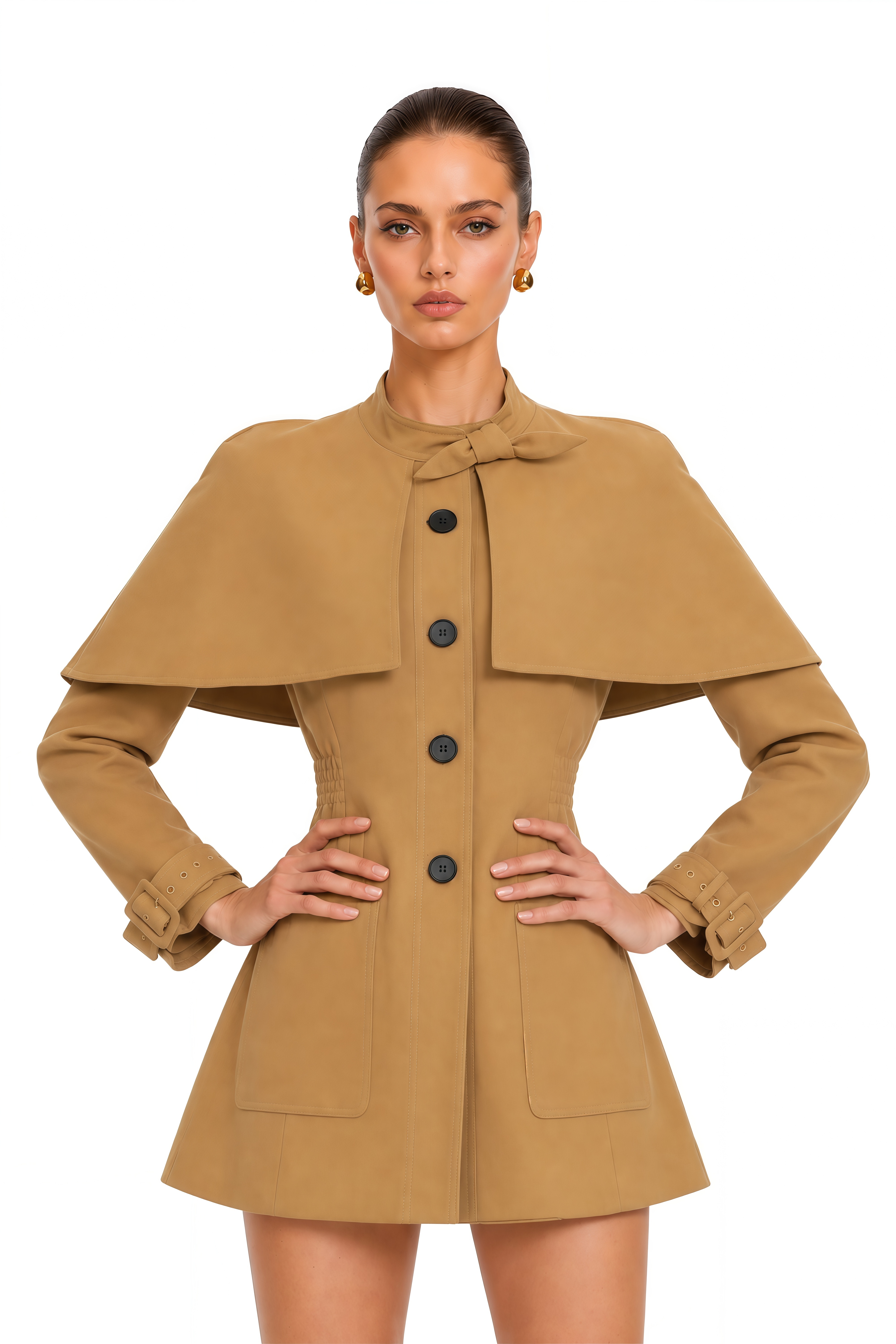 Azzurra Brown Cape-Detail Trench Mini Dress