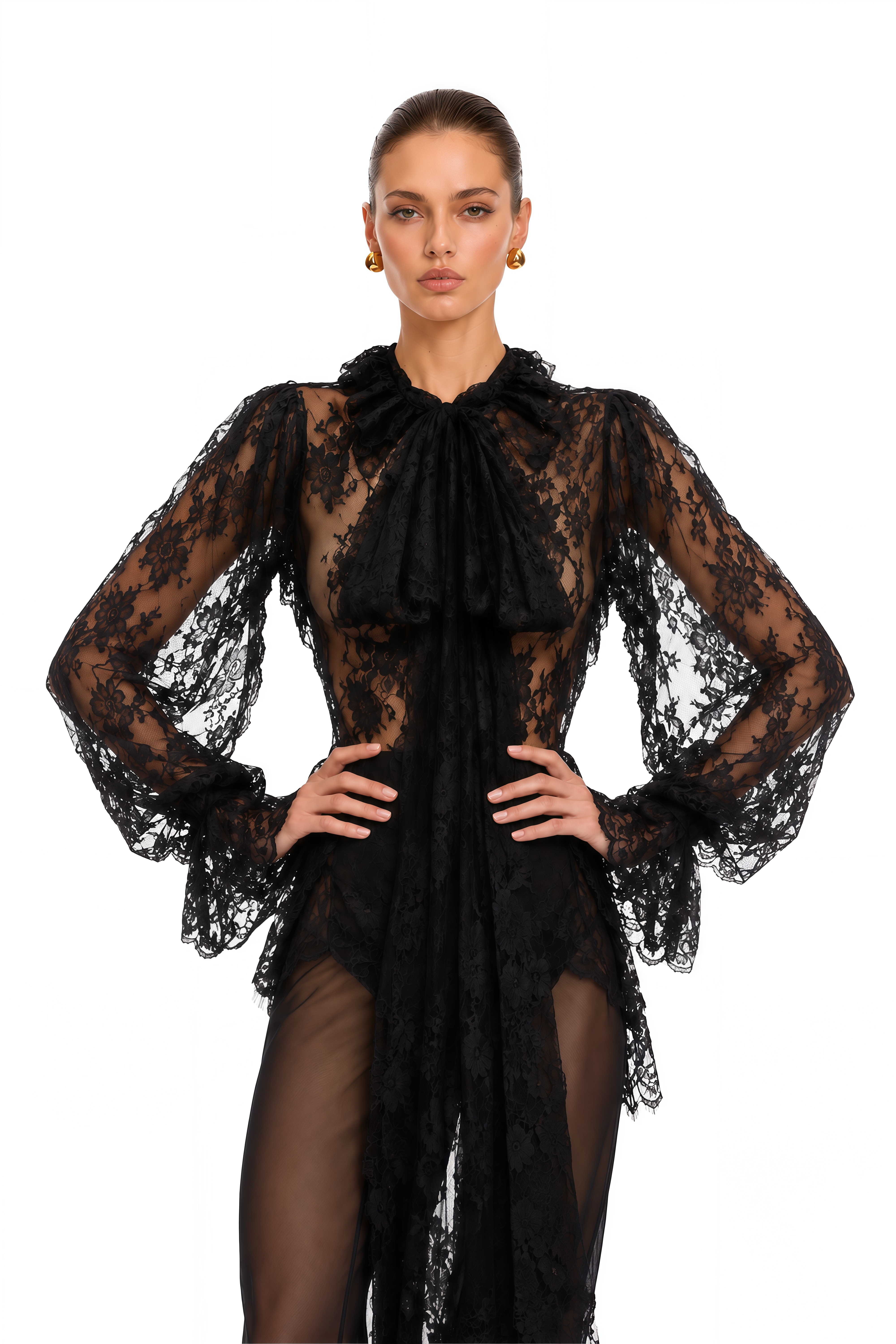 Quintine Black Ribbon Tie-Neck Floral Lace Blouse