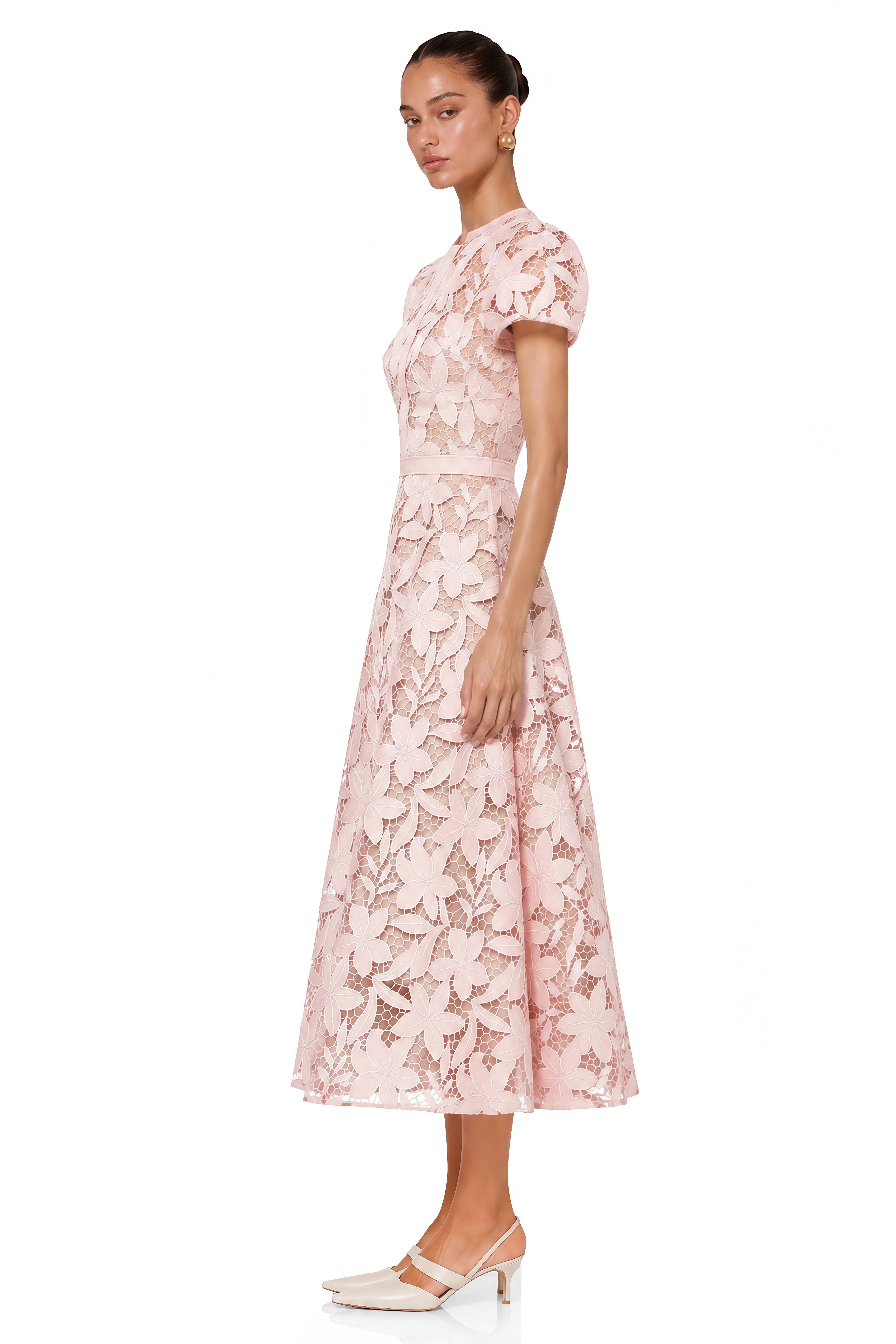 Vérane Pink Guipure-Lace Midi Dress