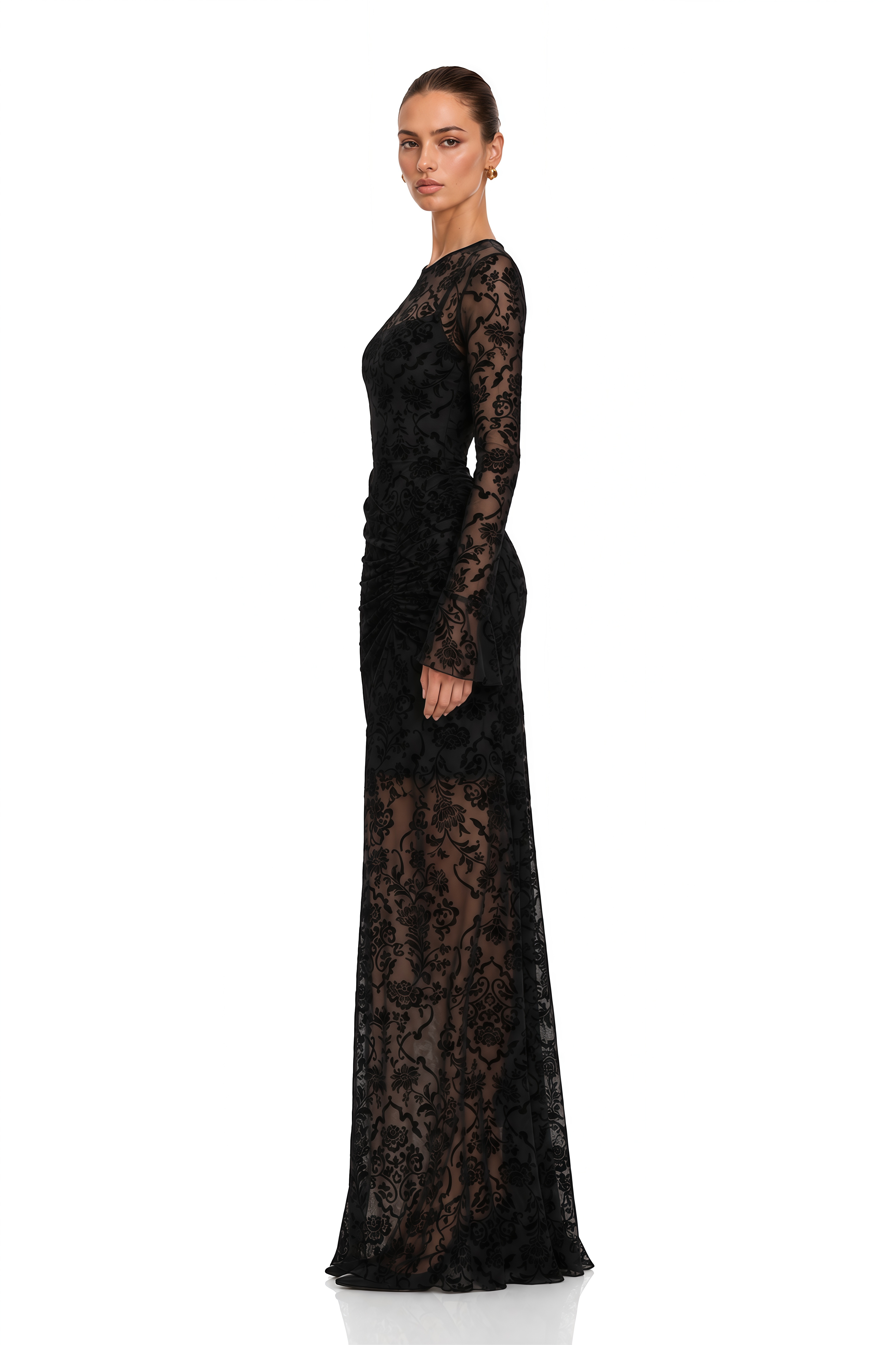 Kismet Black Flocked Floral Ruched Maxi Dress