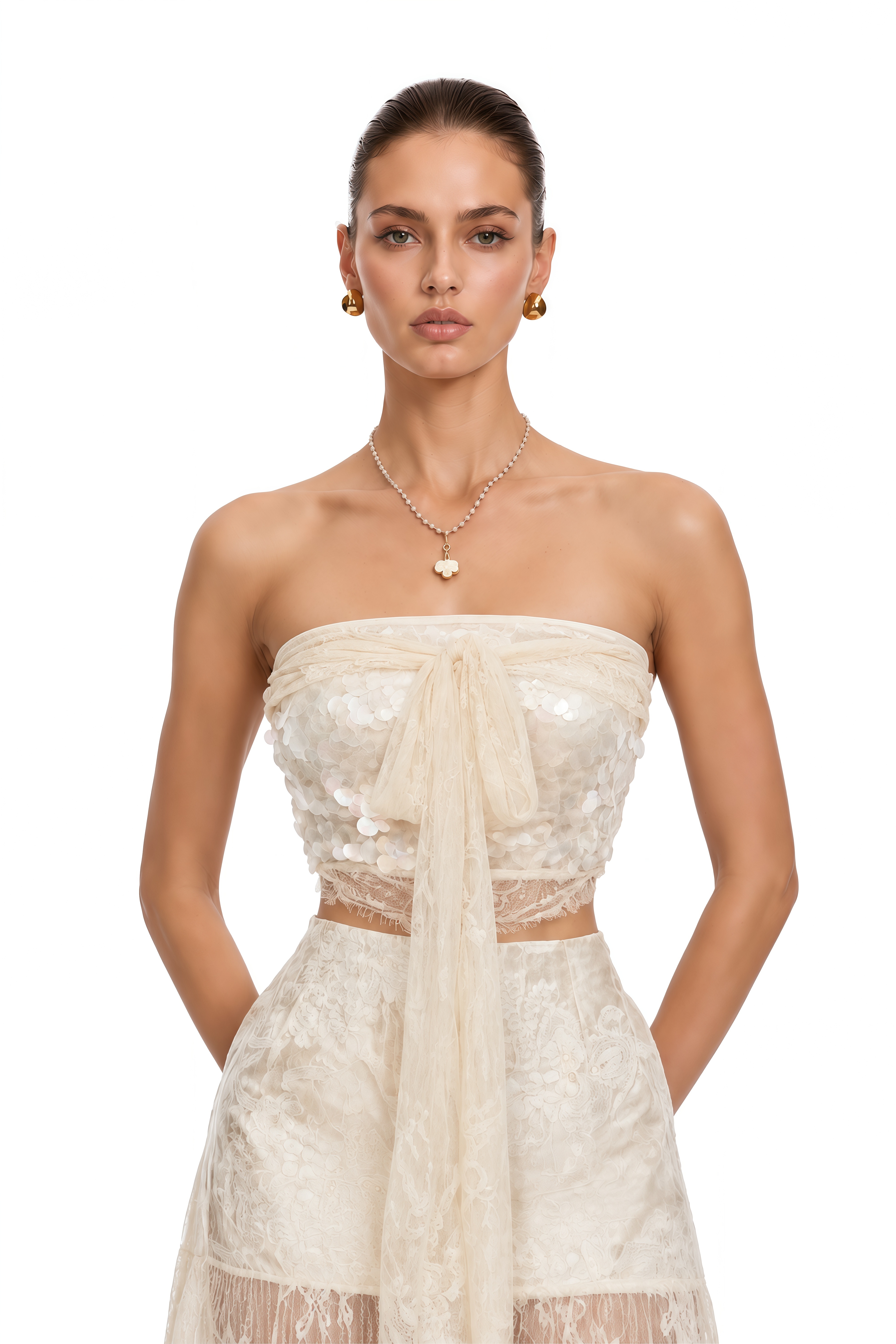 Dove Ivory Lace Bustier Top & Skirt Set with Bow
