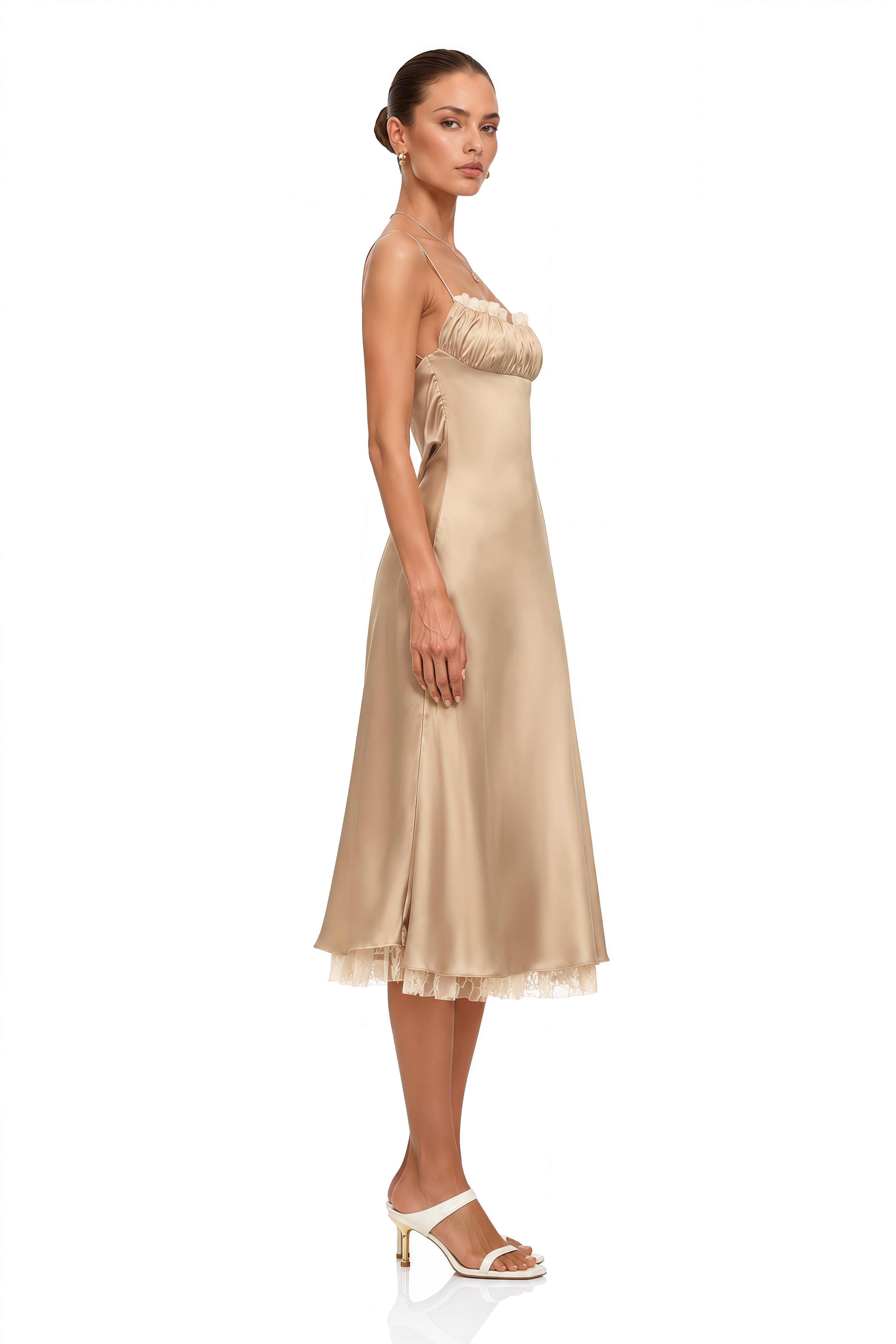 Ananias Khaki Lace Panel Satin Midi Dress