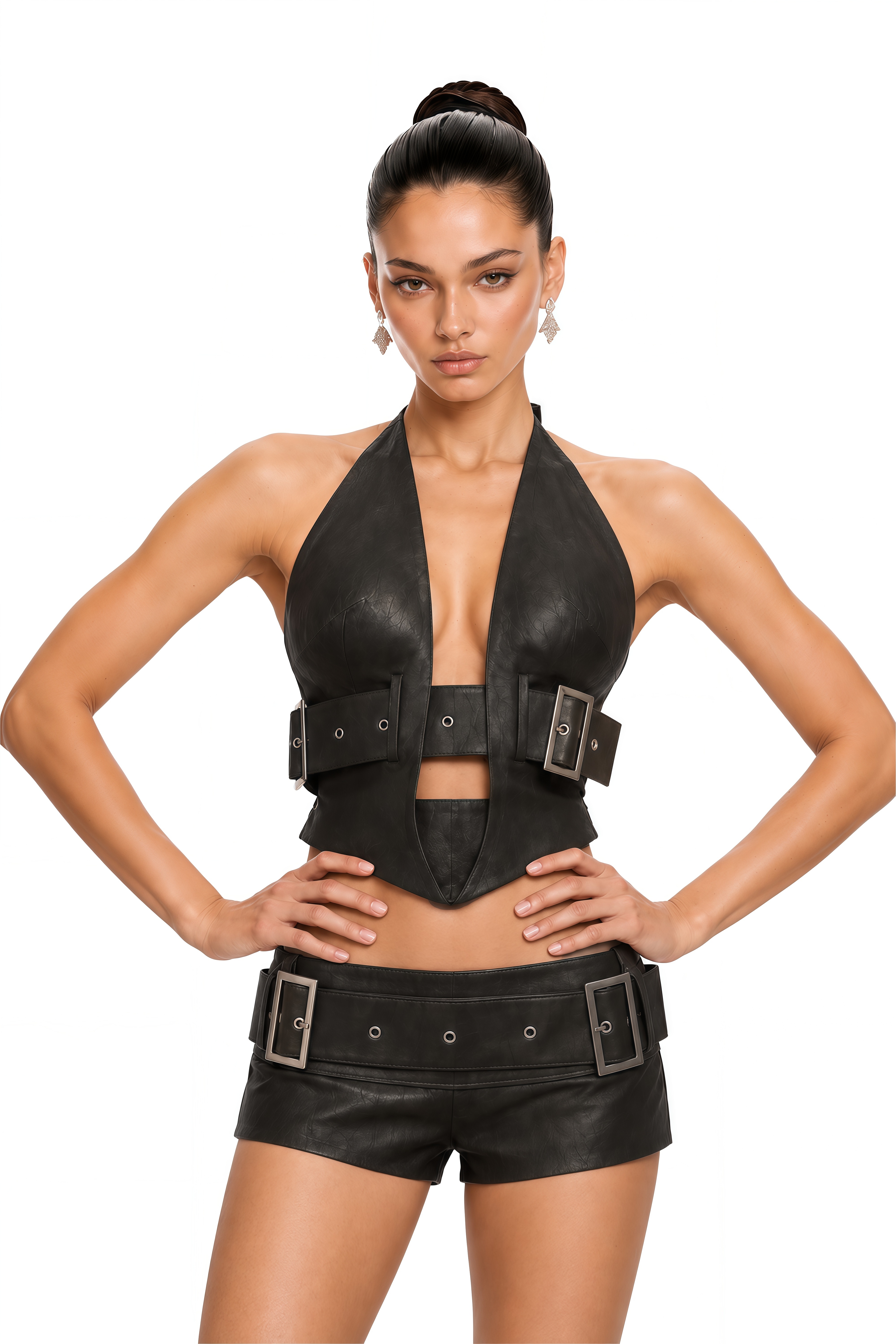 Adelle Black Cropped Belted Top & Shorts Set