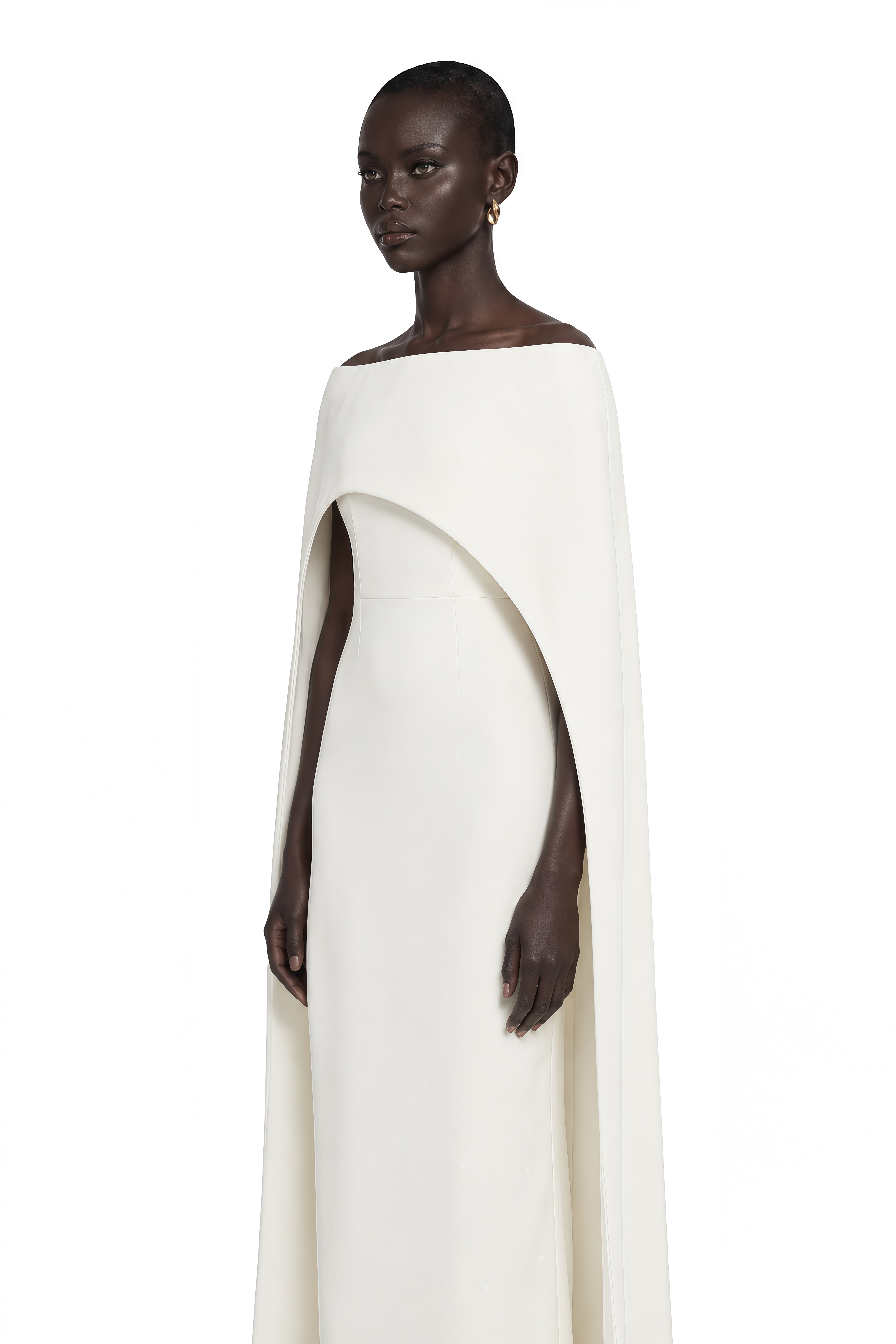 Dominique White Asymmetrical Cape Maxi Dress