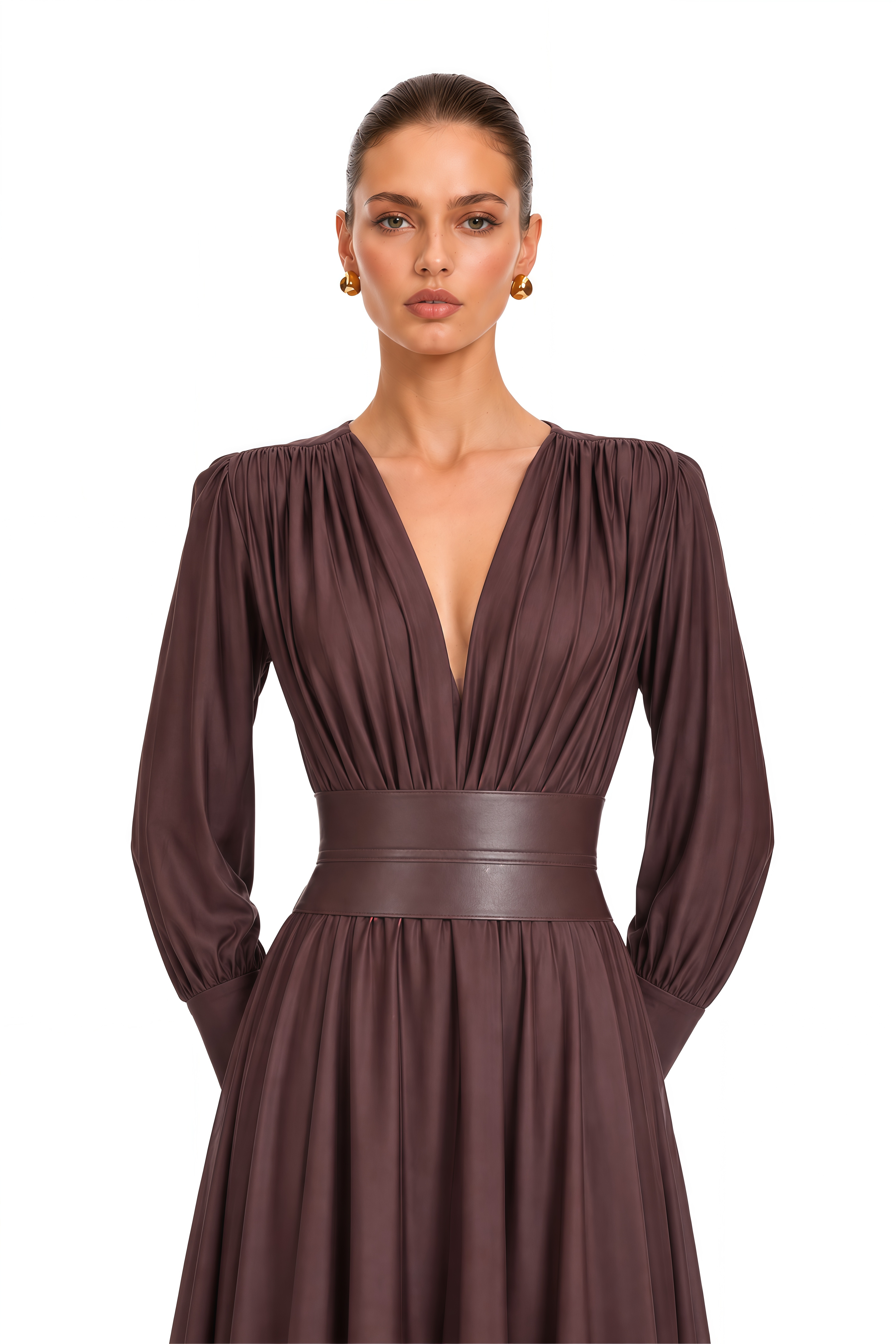 Eleanore Chocolate Brown V-Neck Ruched Maxi Dress