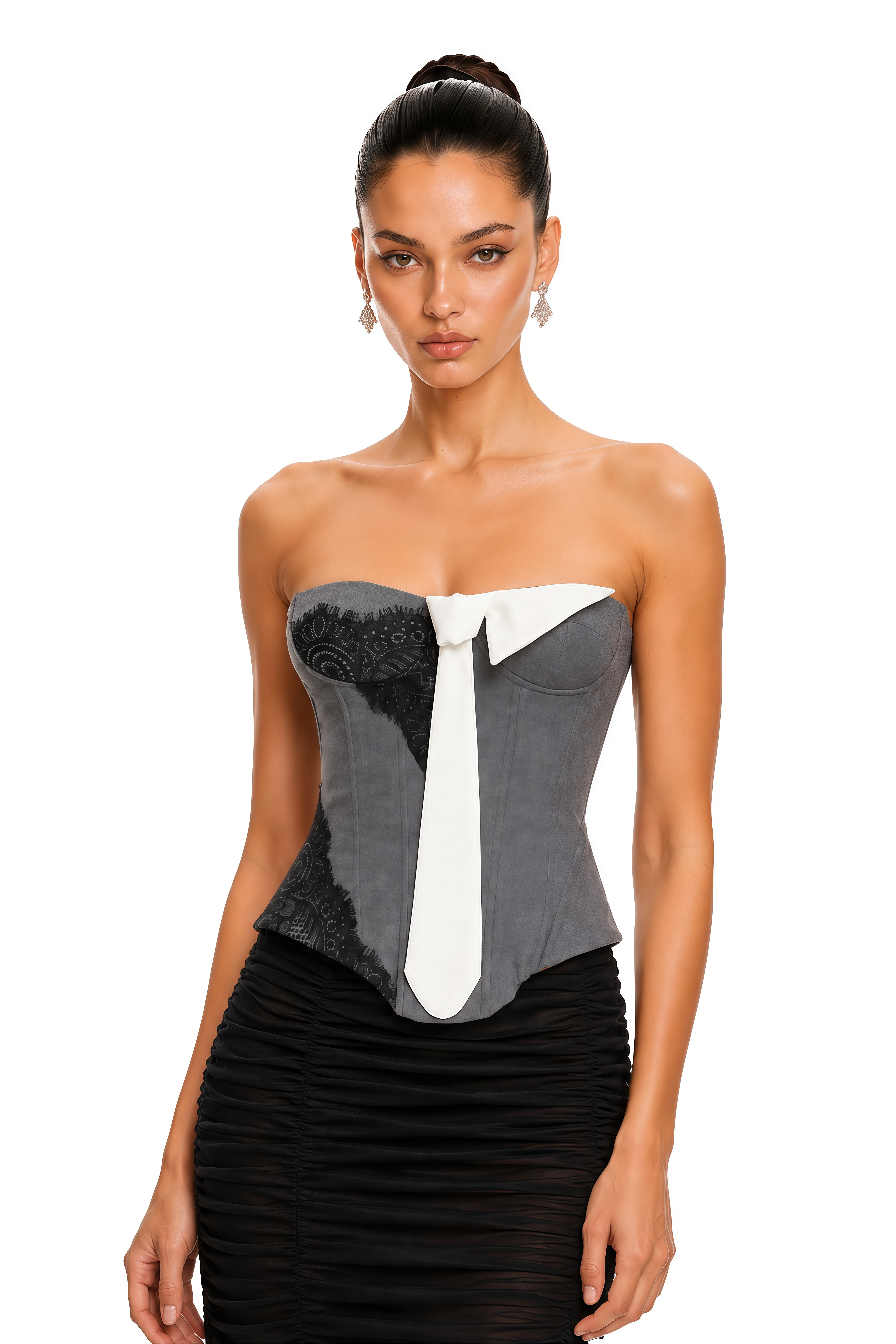 Lillian Grey Color Block Top with Lace Panels