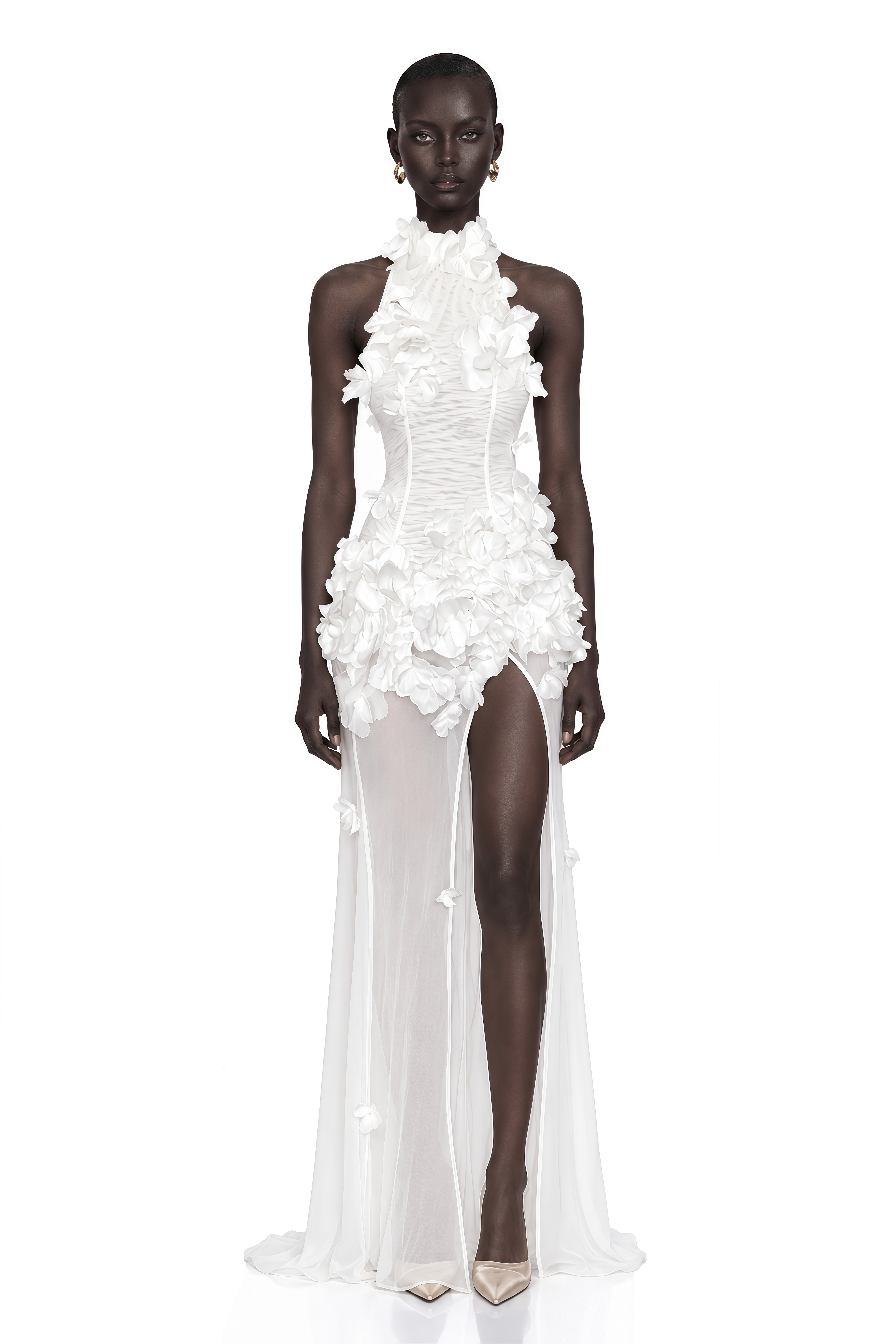 Guinevere White Halterneck Maxi Dress with 3D Florals