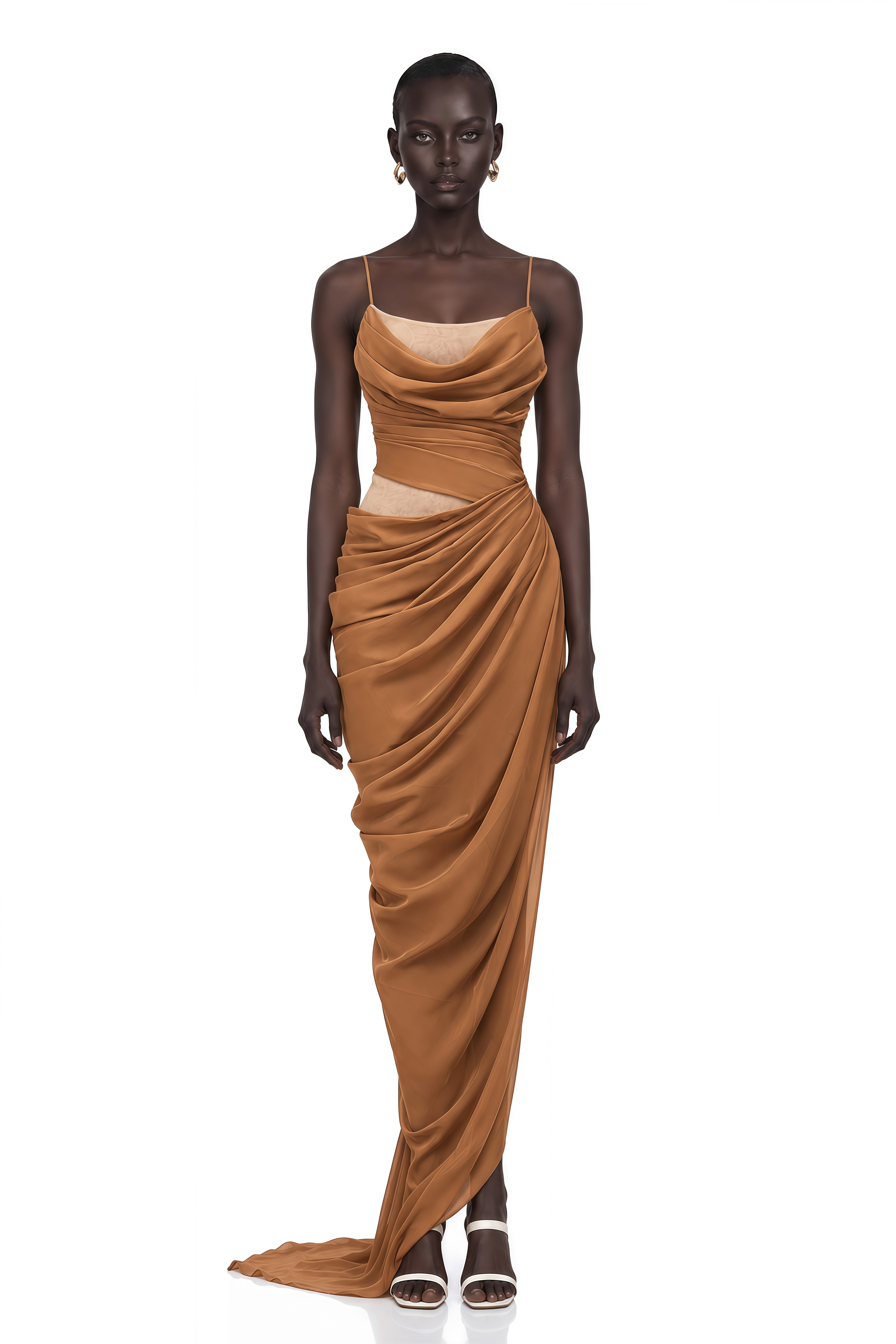 Charisa Khaki Draped Chiffon Maxi Dress
