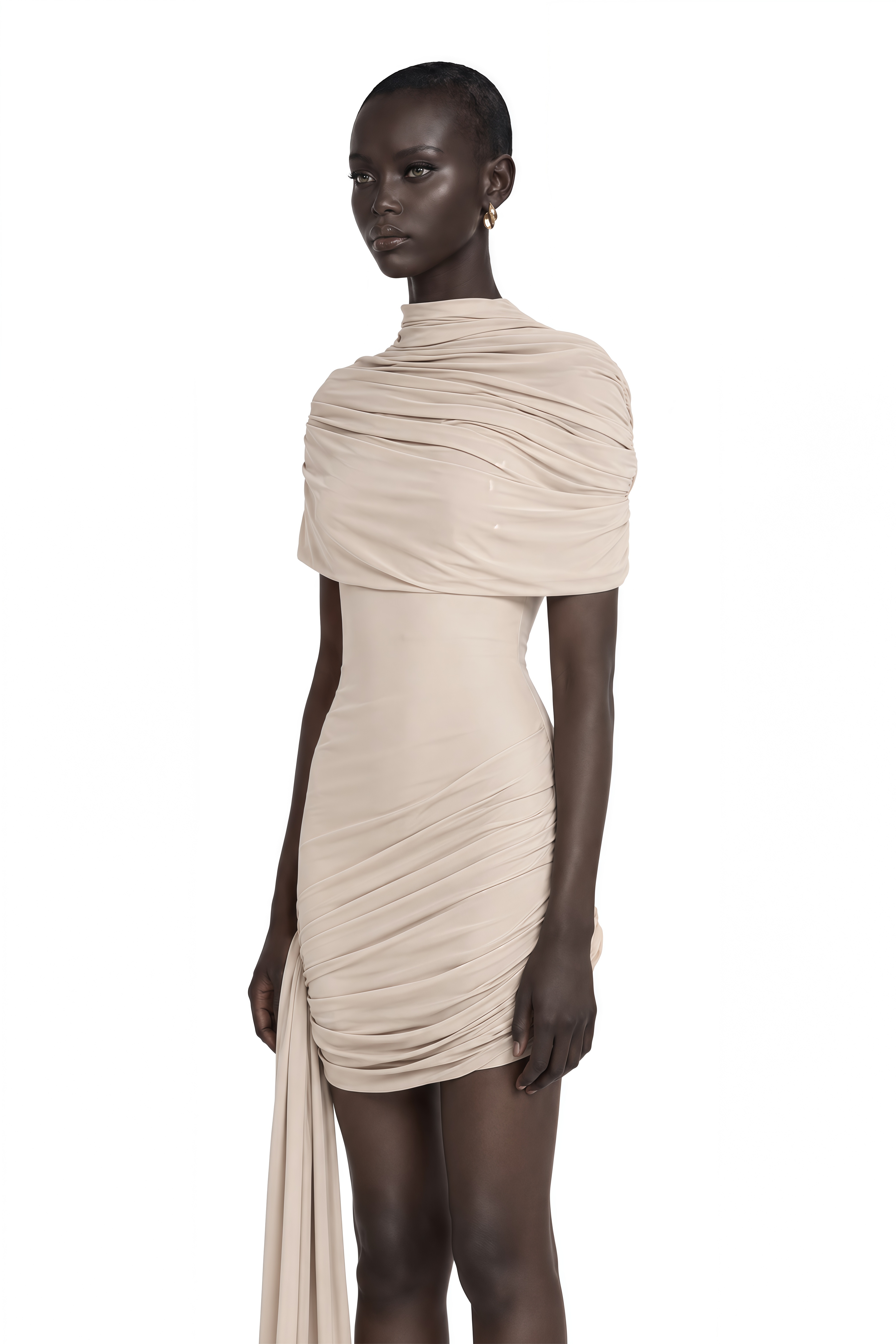Gaëlle Neutrals Cape-Design Ruched Fitted Mini Dress