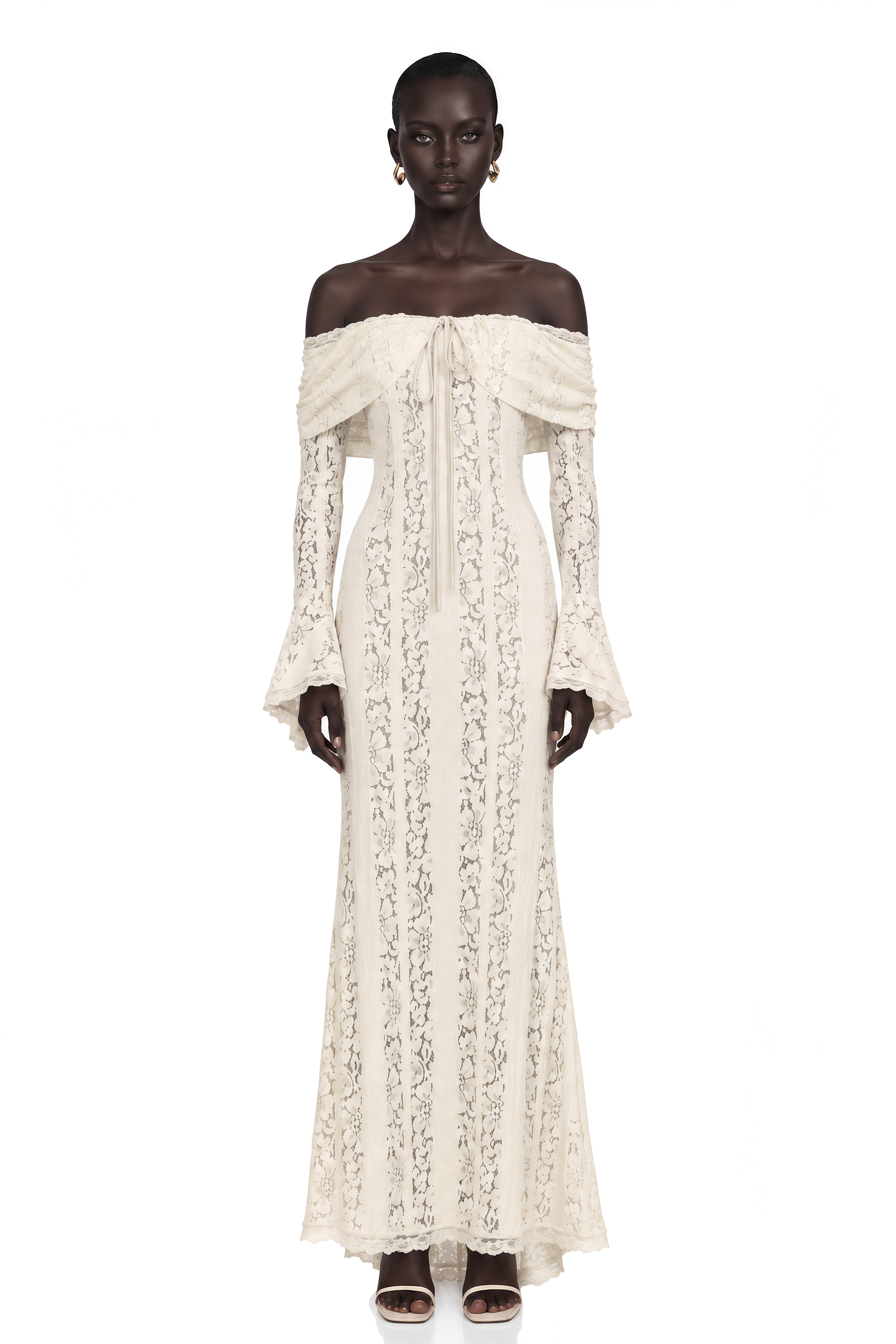 Émeline Floral Lace Train-Design Maxi Dress in Neutrals