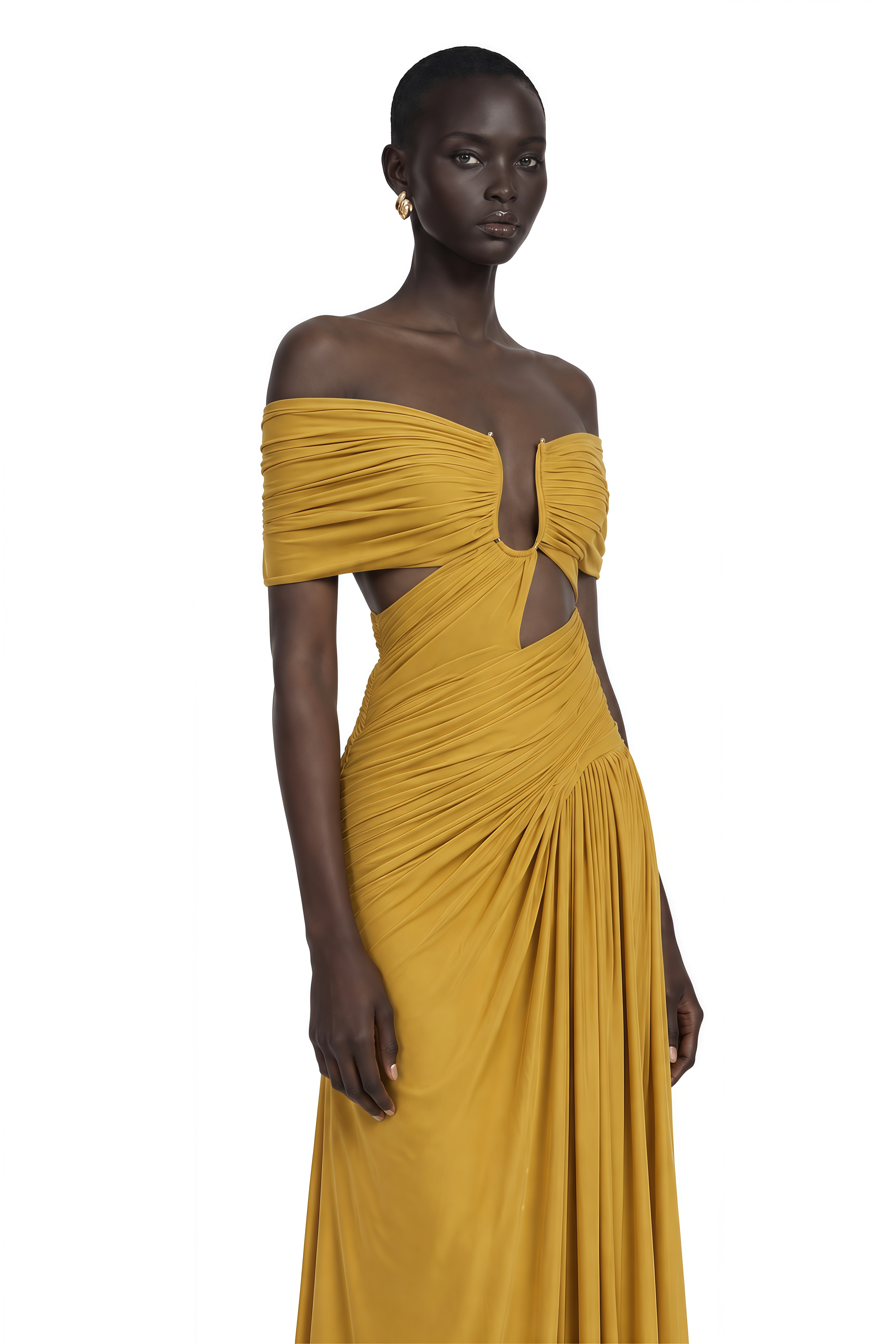 Ludivine Ocher Off-Shoulder Cut-Out Ruched Maxi Dress