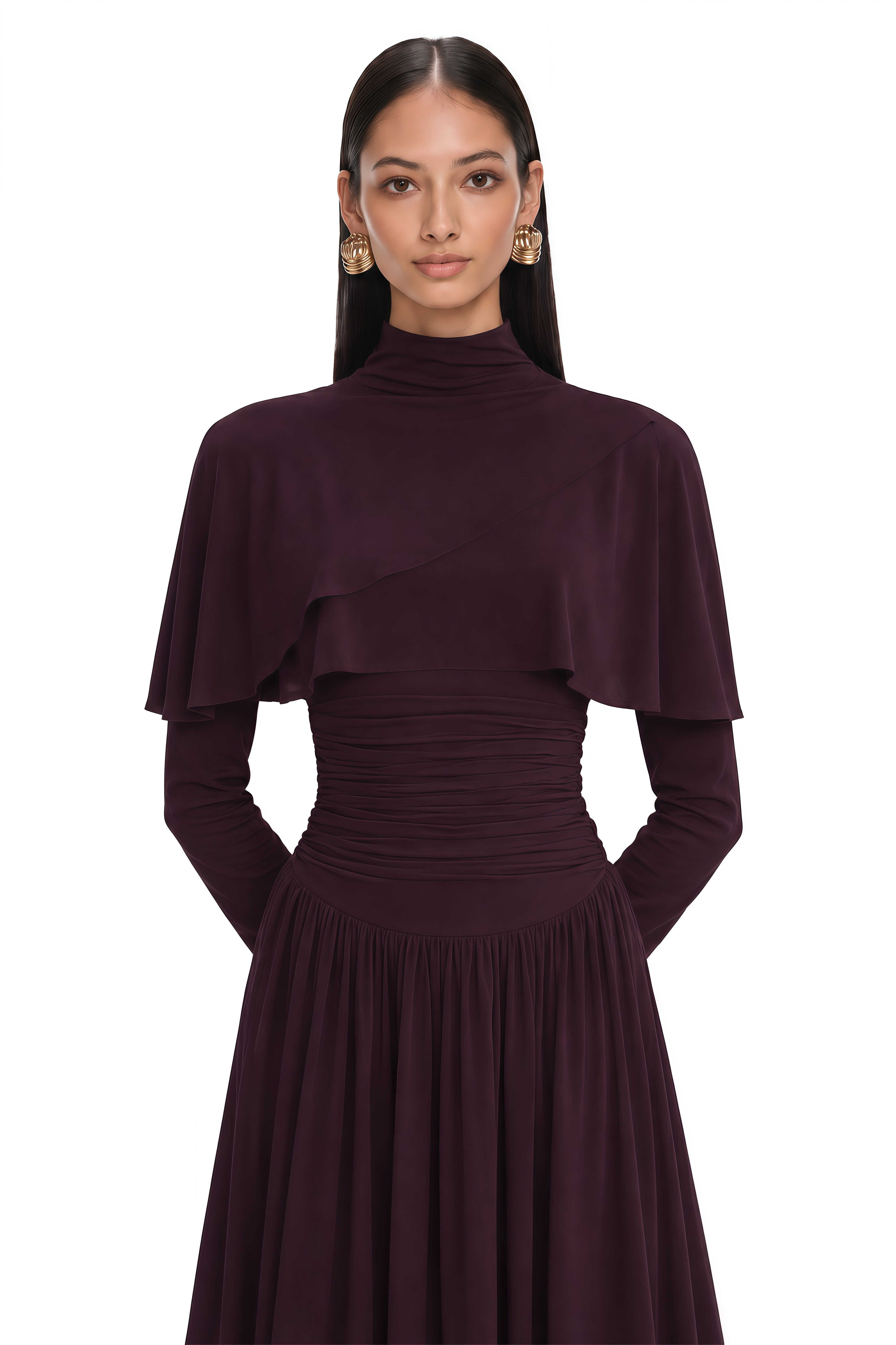 Camille Red Ruched Midi Dress with Flap Design Detail