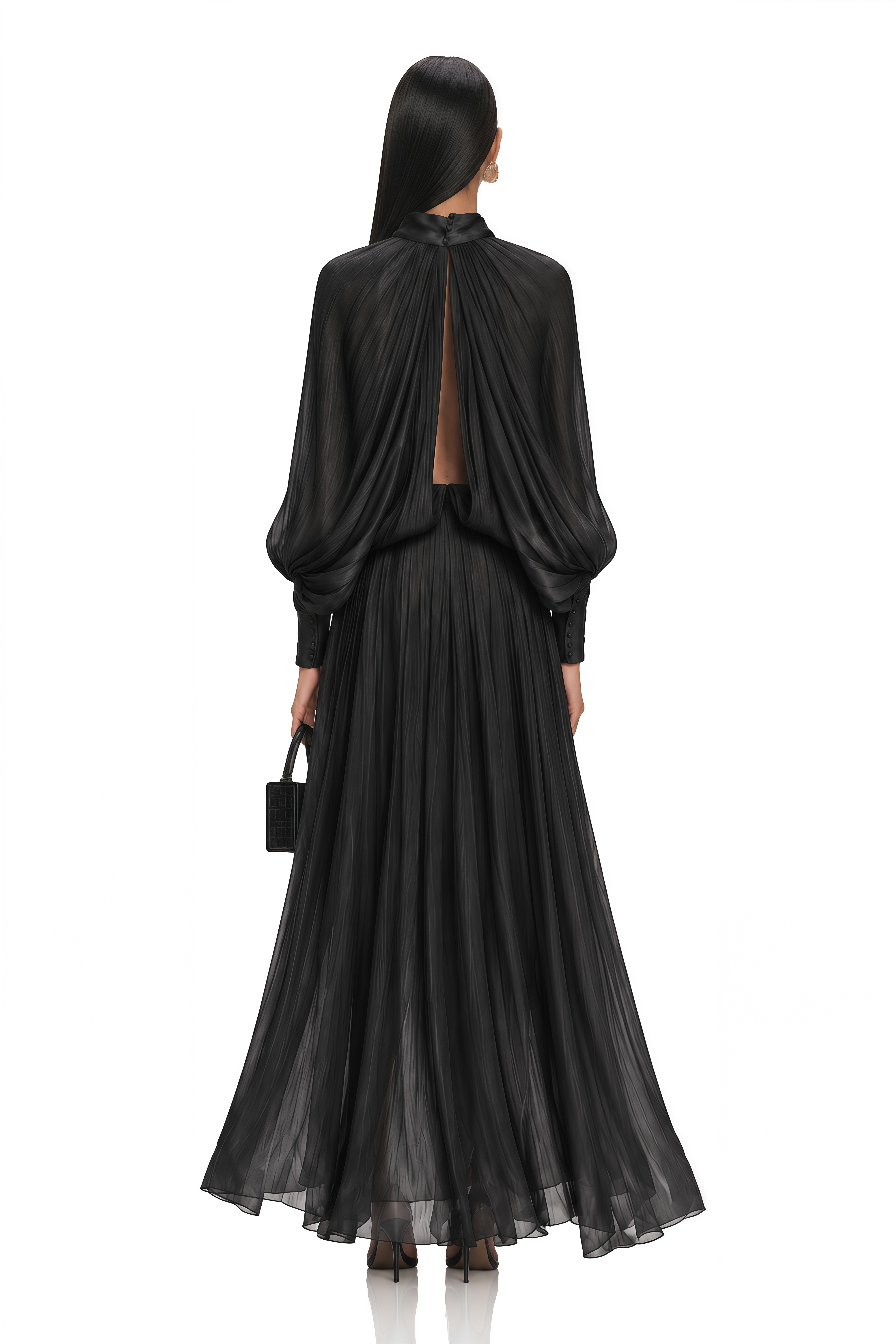 Mila Pleated Satin Maxi Dress in Black