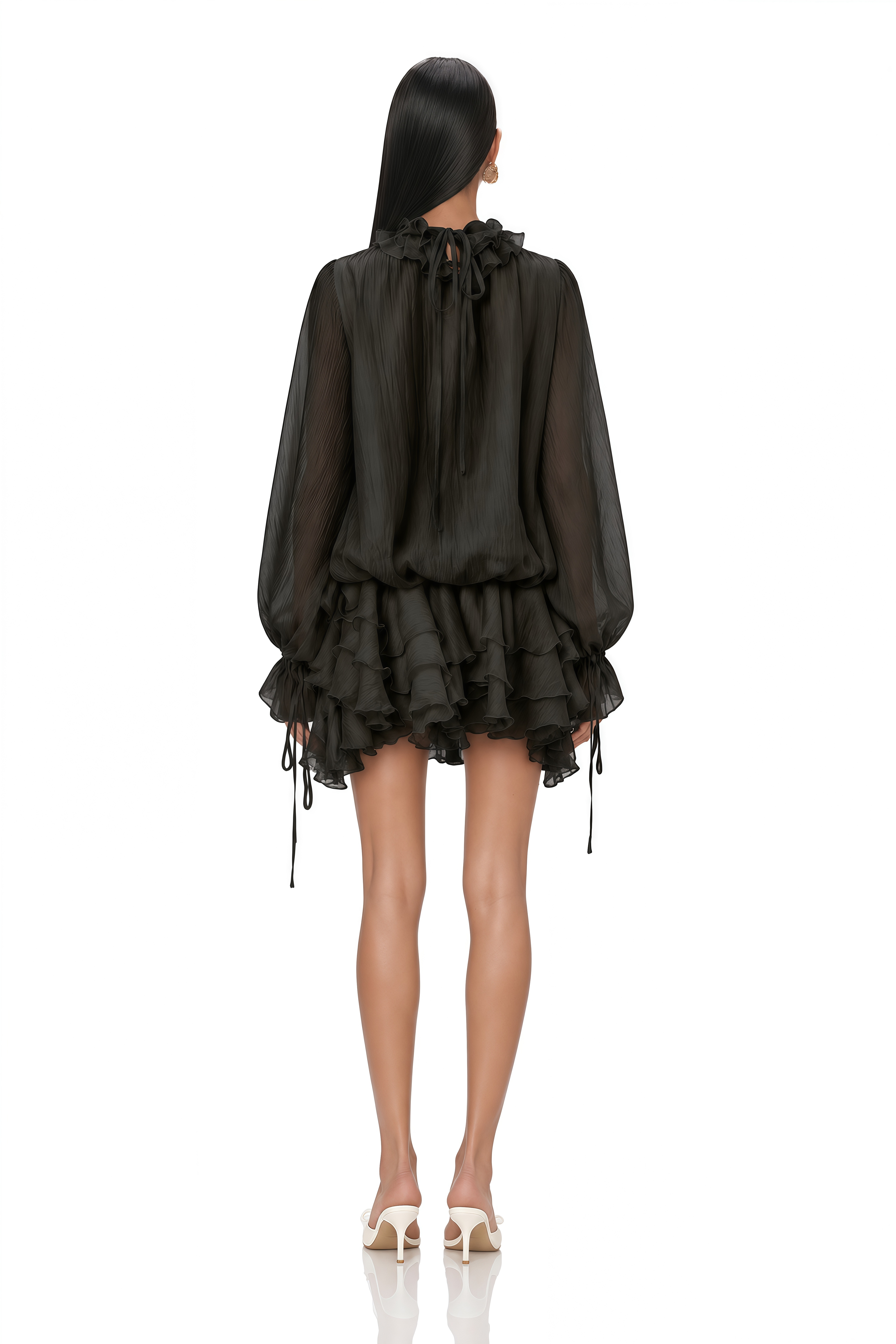 Zéphyrine Floral-Appliqué Tiered Mini Dress in Black