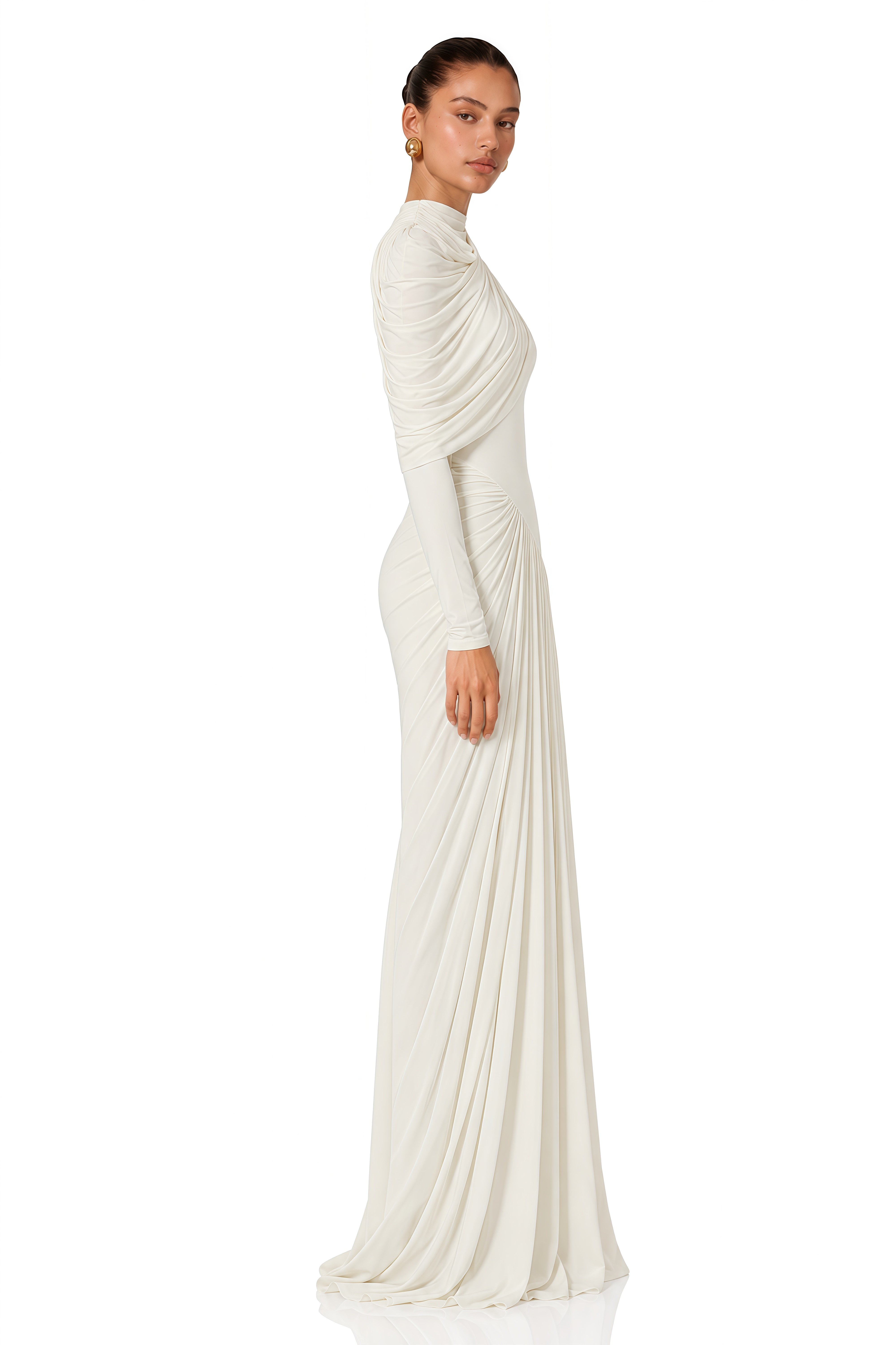 Bronwyn White Draped Pleated Asymmetrical Maxi Dress