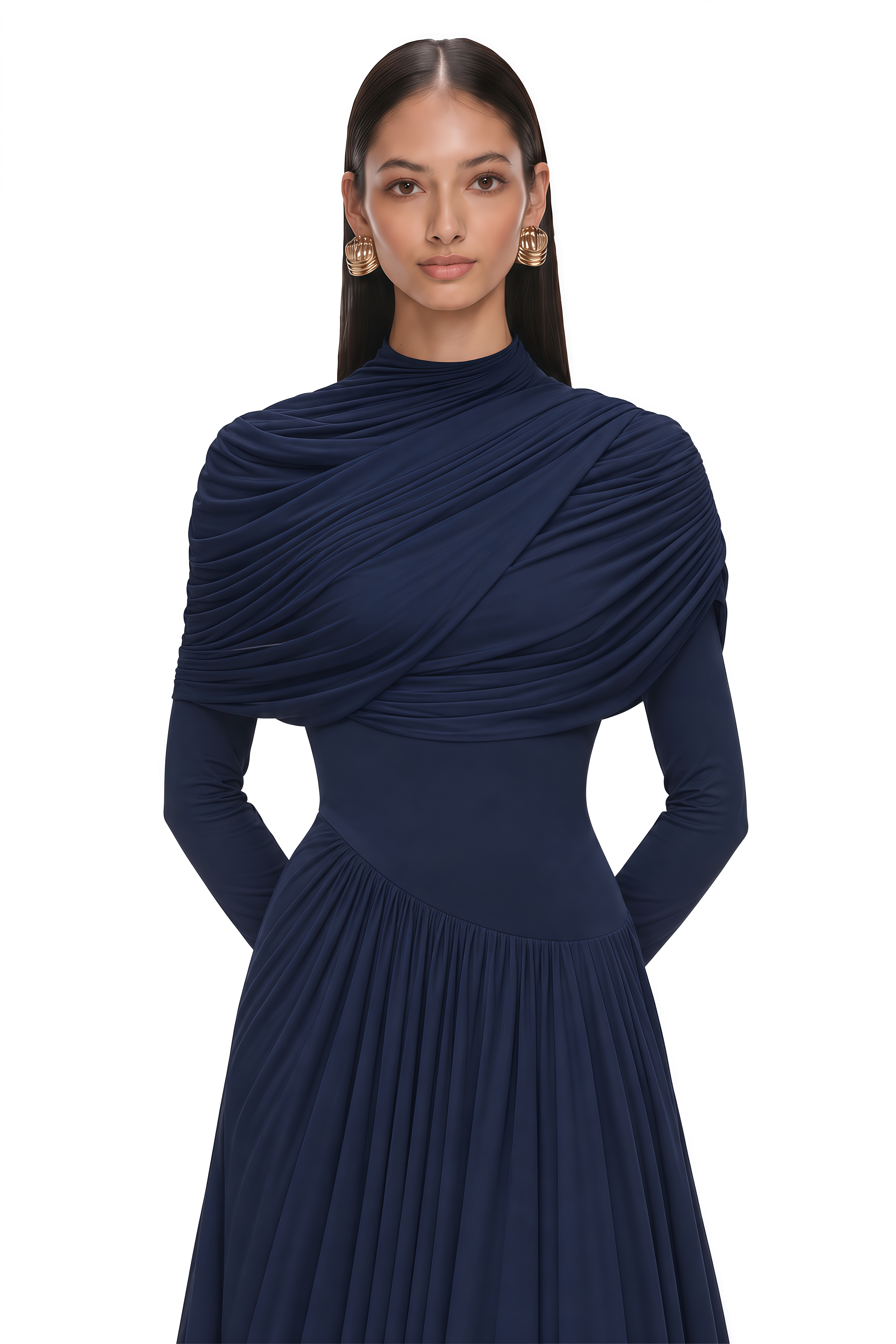 Catherine Navy-Blue Asymmetrical Pleated Long-Sleeve Maxi Dress