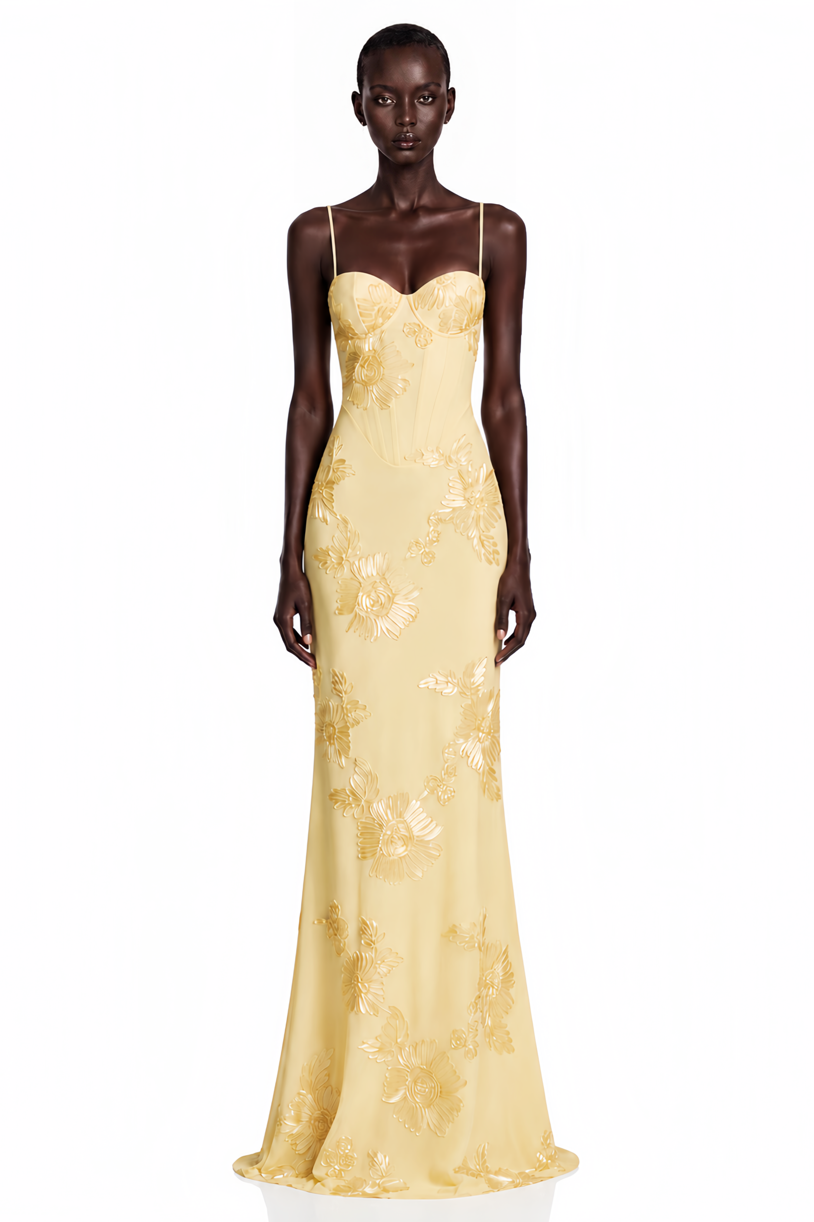 Yellow spaghetti strap gown with a floral-embroidered corset bodice