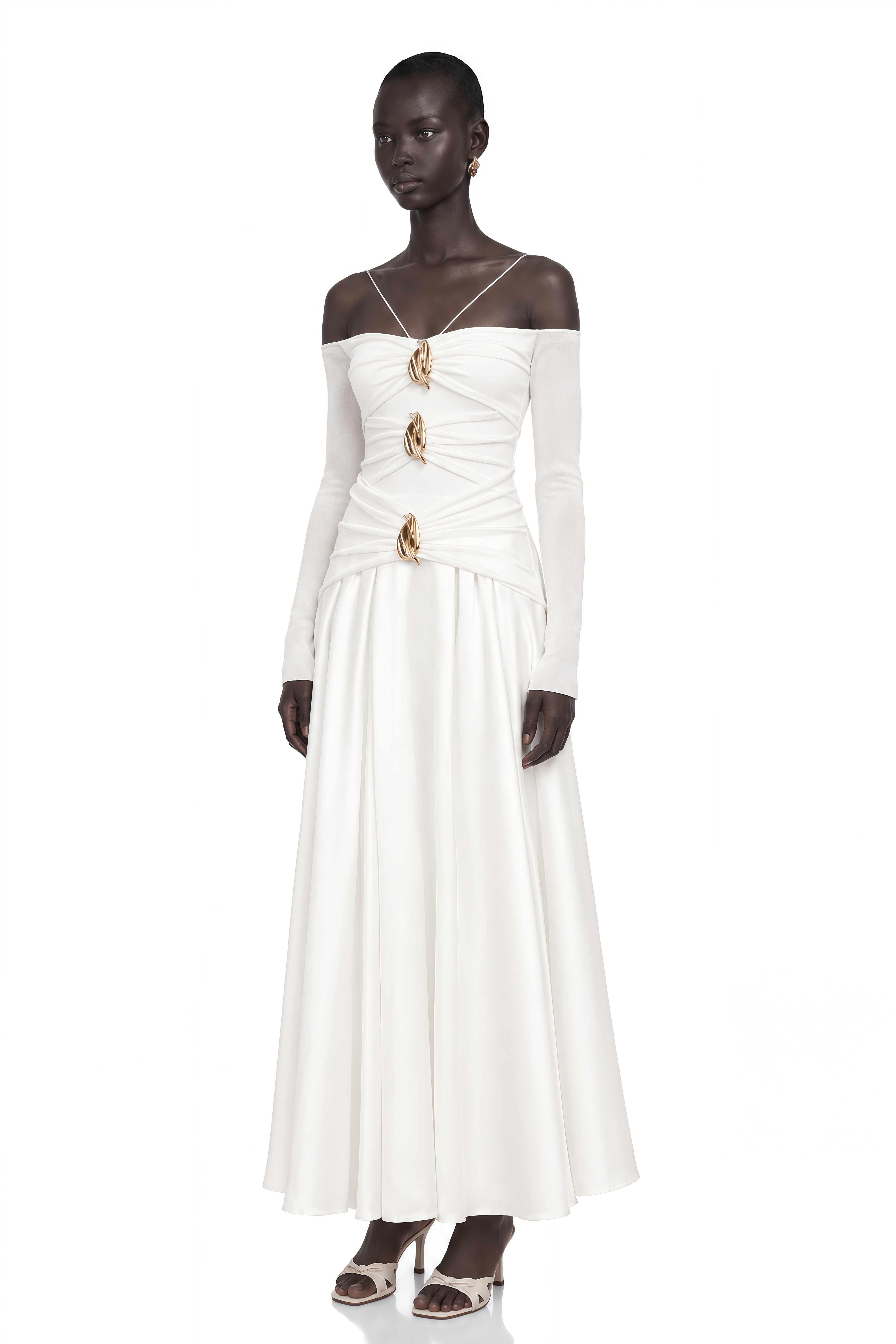 Nadine Off-Shoulder Paneled Maxi Dress in White