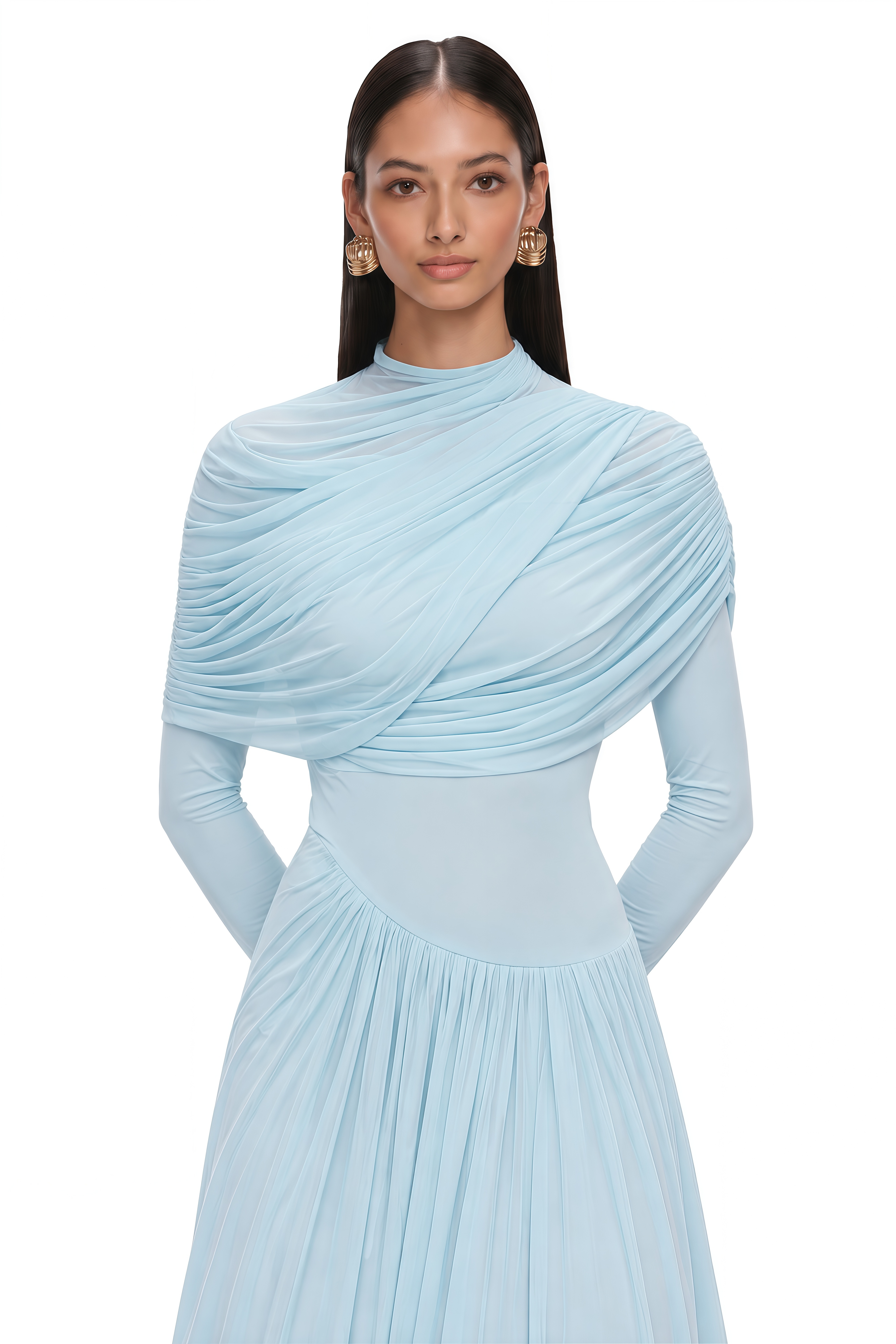 Catherine Baby-Blue Asymmetrical Pleated Long-Sleeve Maxi Dress