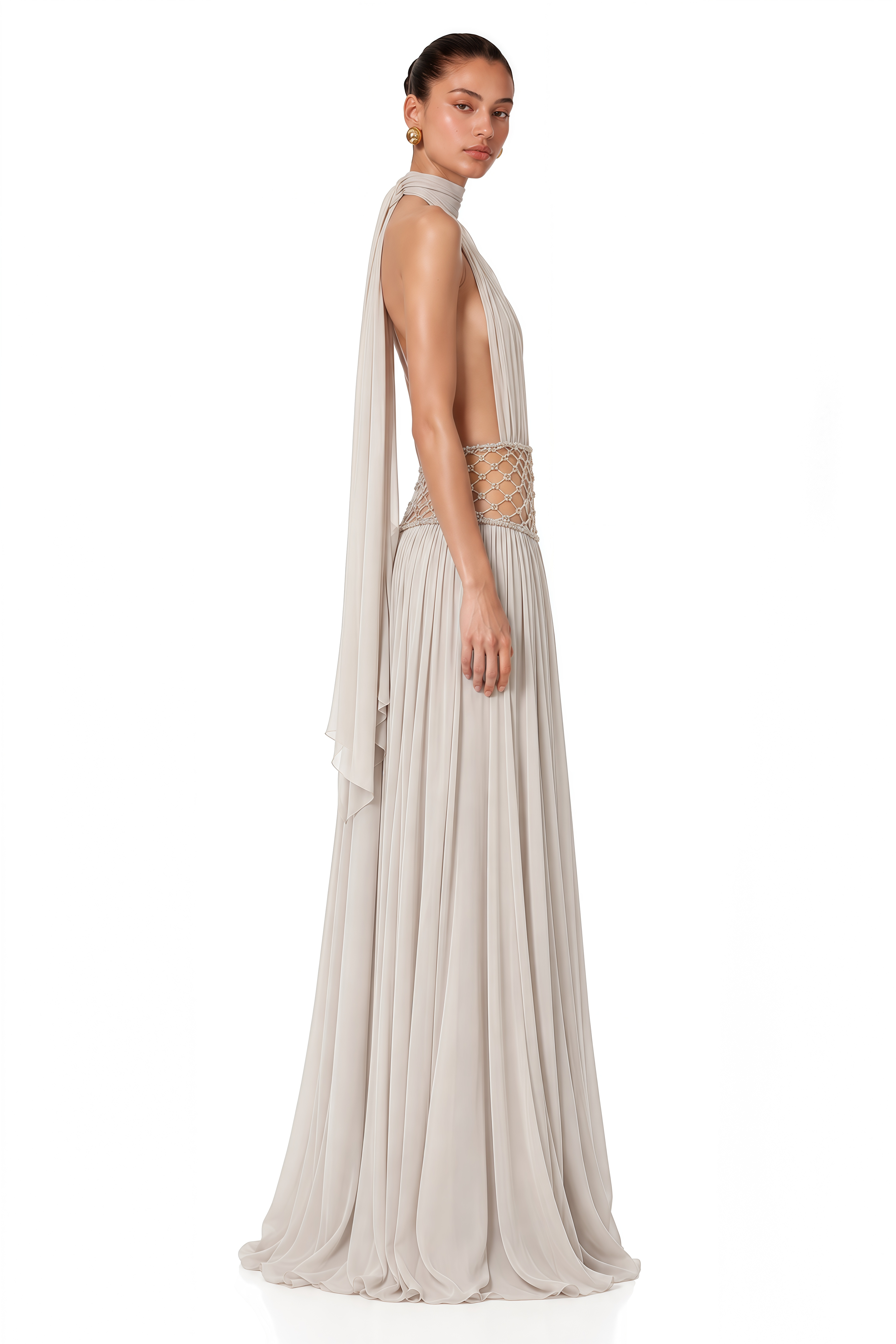 Sophie Almond Grey Embellished Ruched Maxi Dress