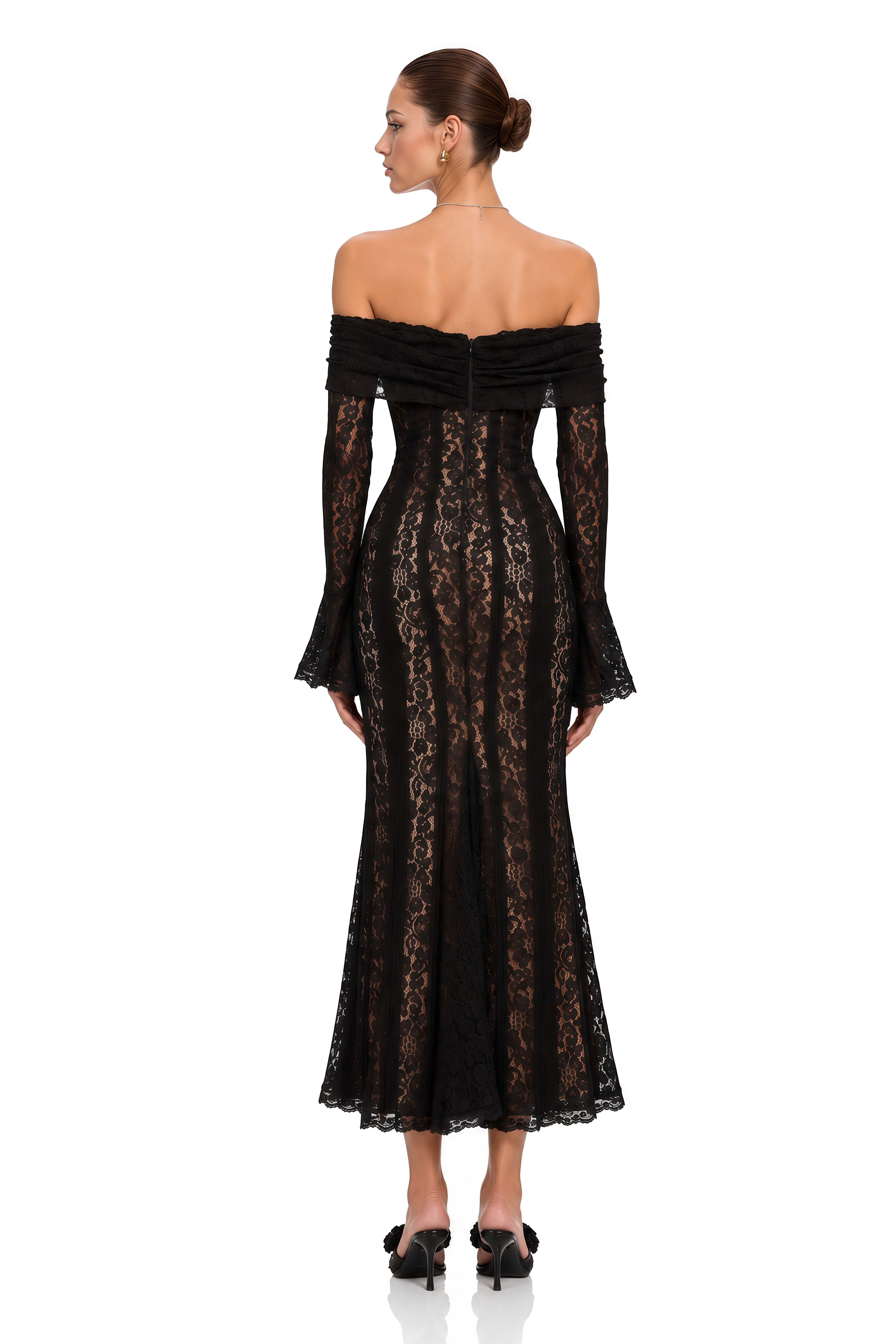 Émeline Floral Lace Flared-Cuff Midi Dress in Black