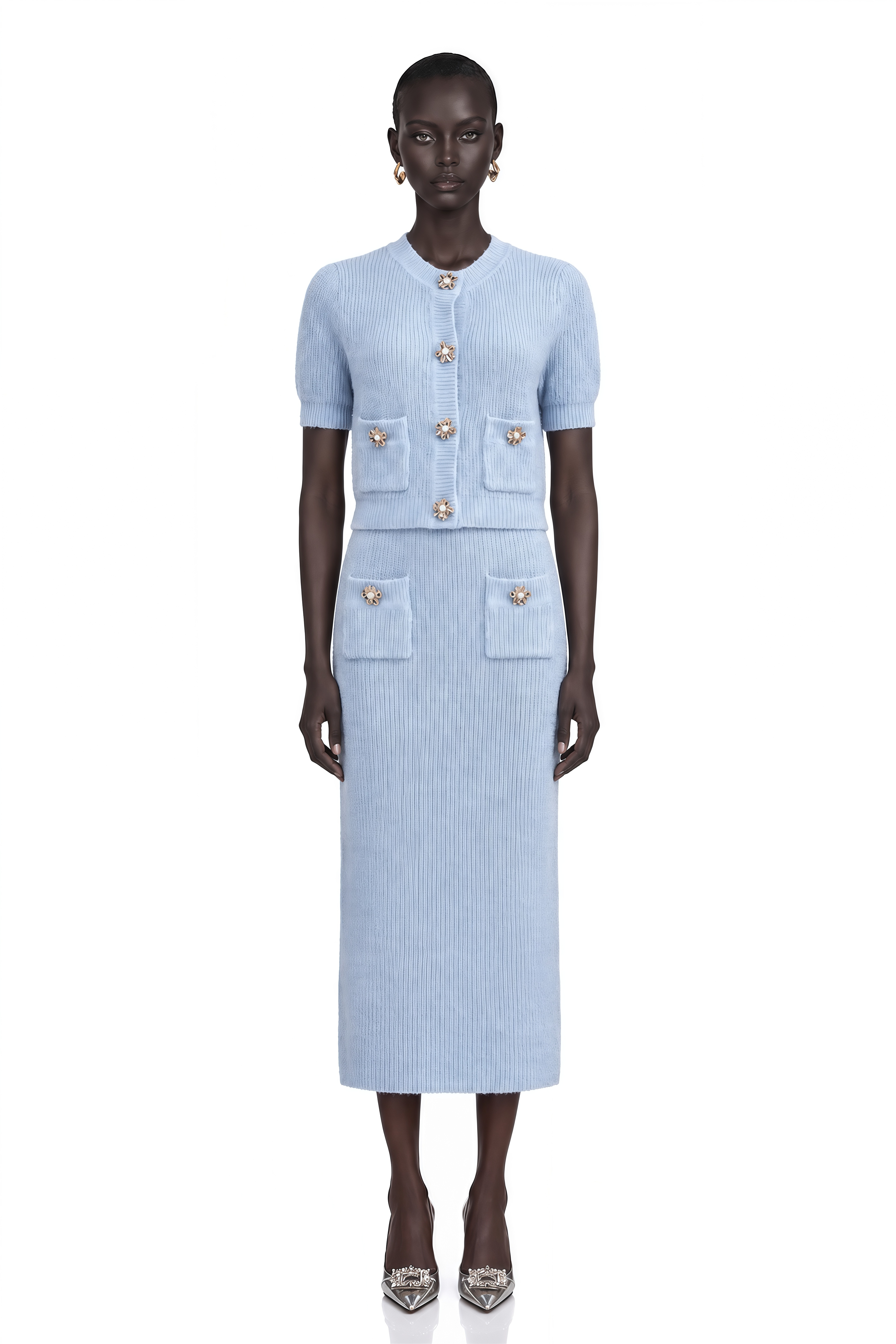 Chantal Blue Knit Two-Piece Blouse and Skirt Set