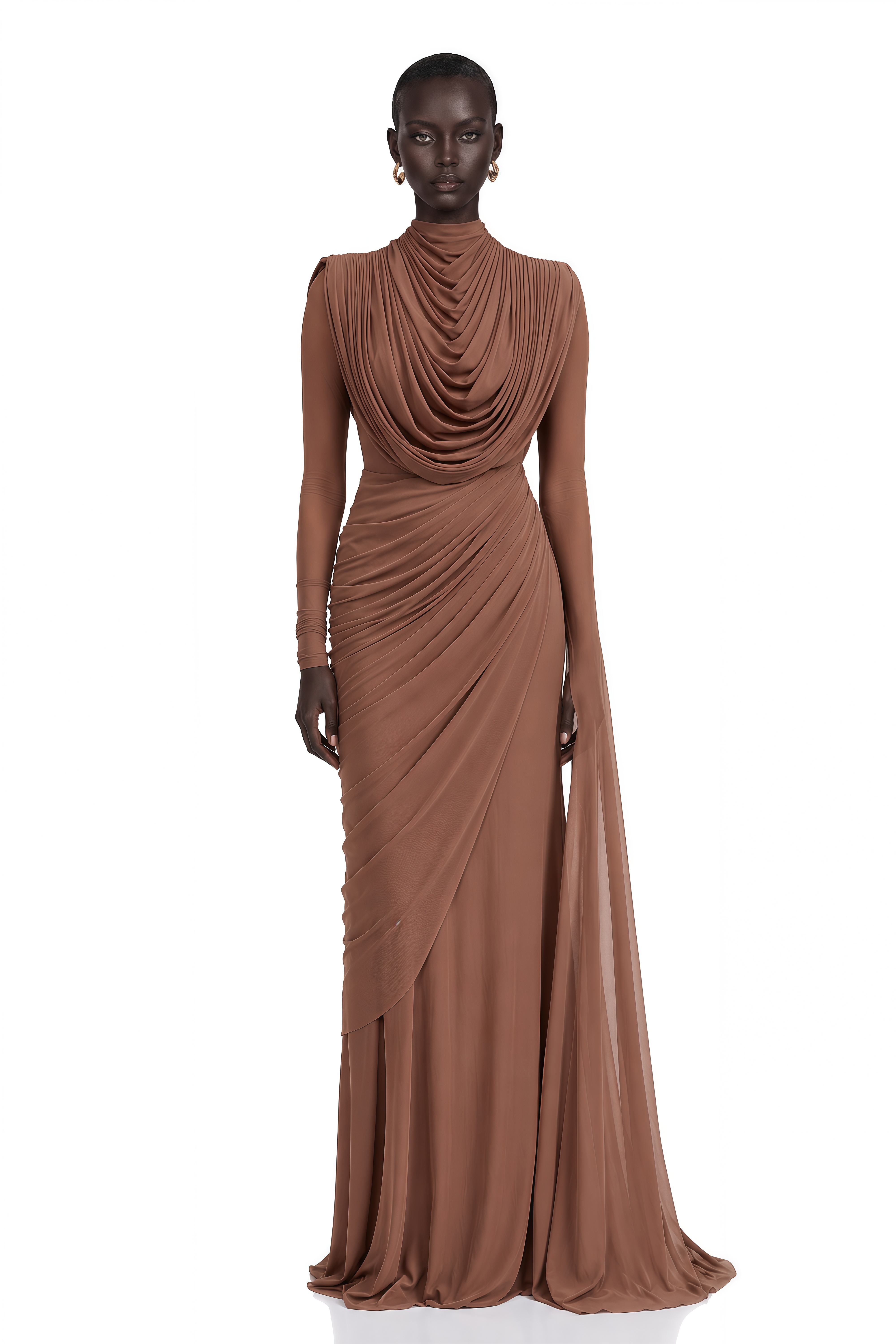 Danaé Brown Shirred-effect Draped Maxi Dress