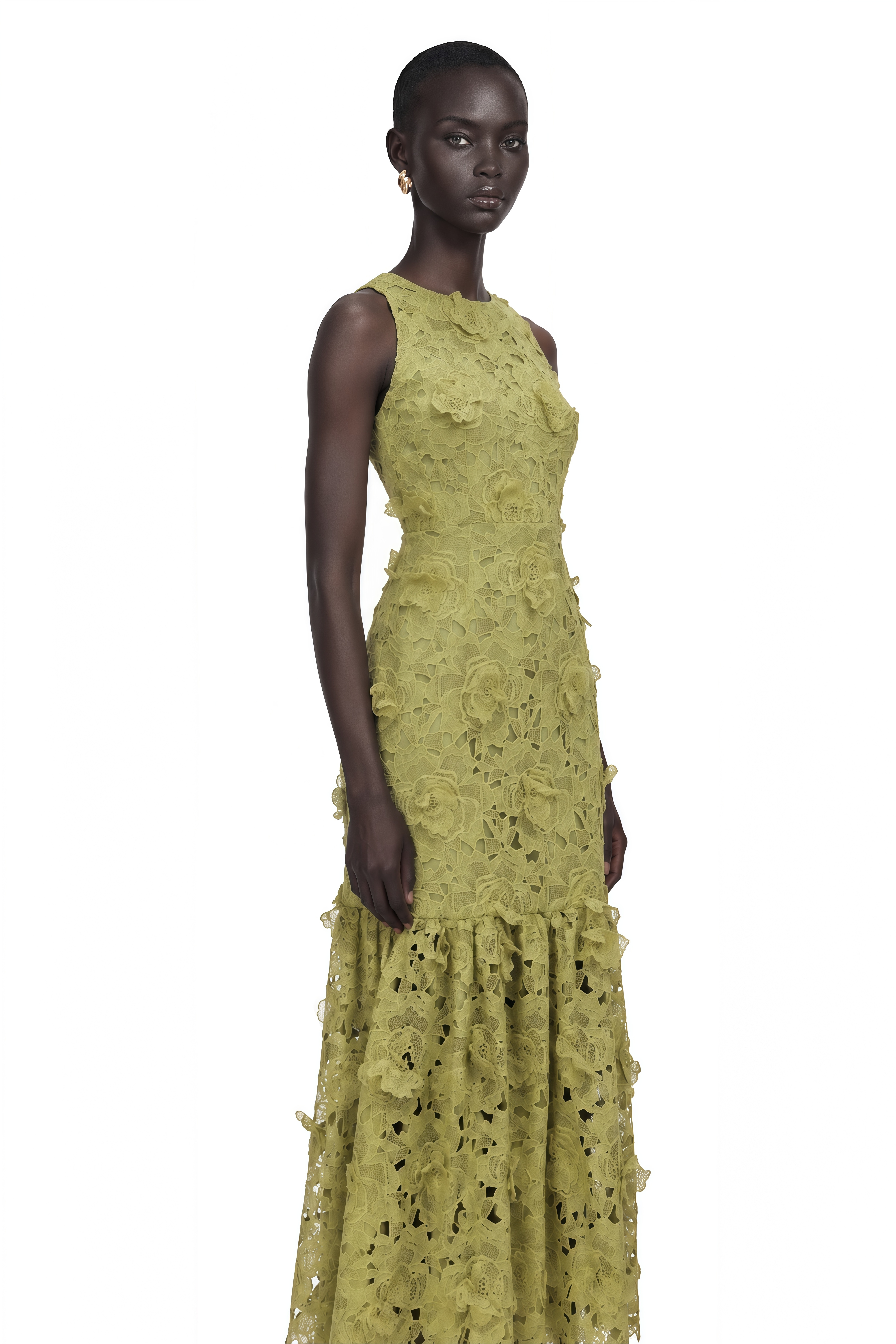 Briseis Olive Green Midi Dress with 3D Florals