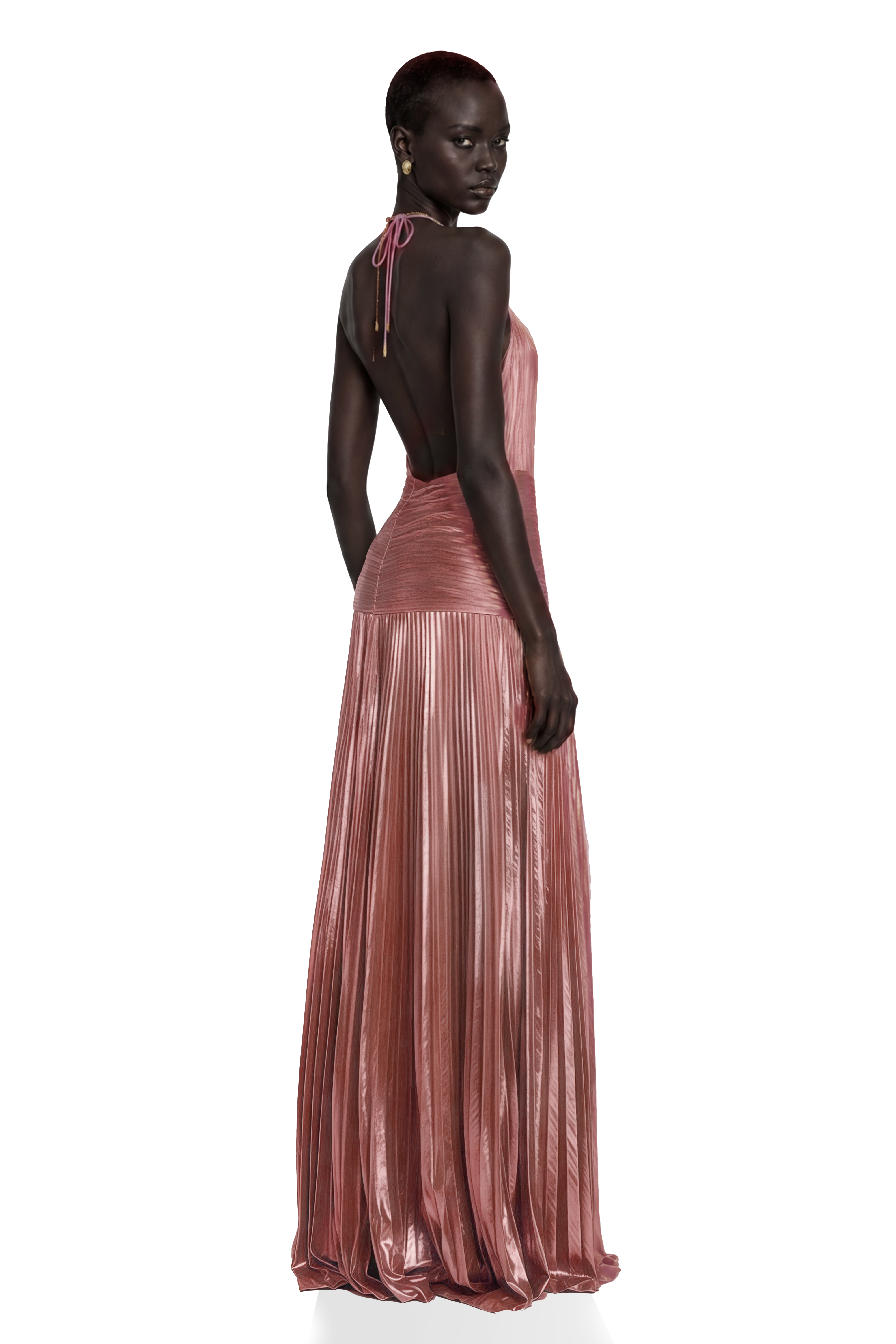 Metallic pink halter gown with a pleated skirt and high slit
