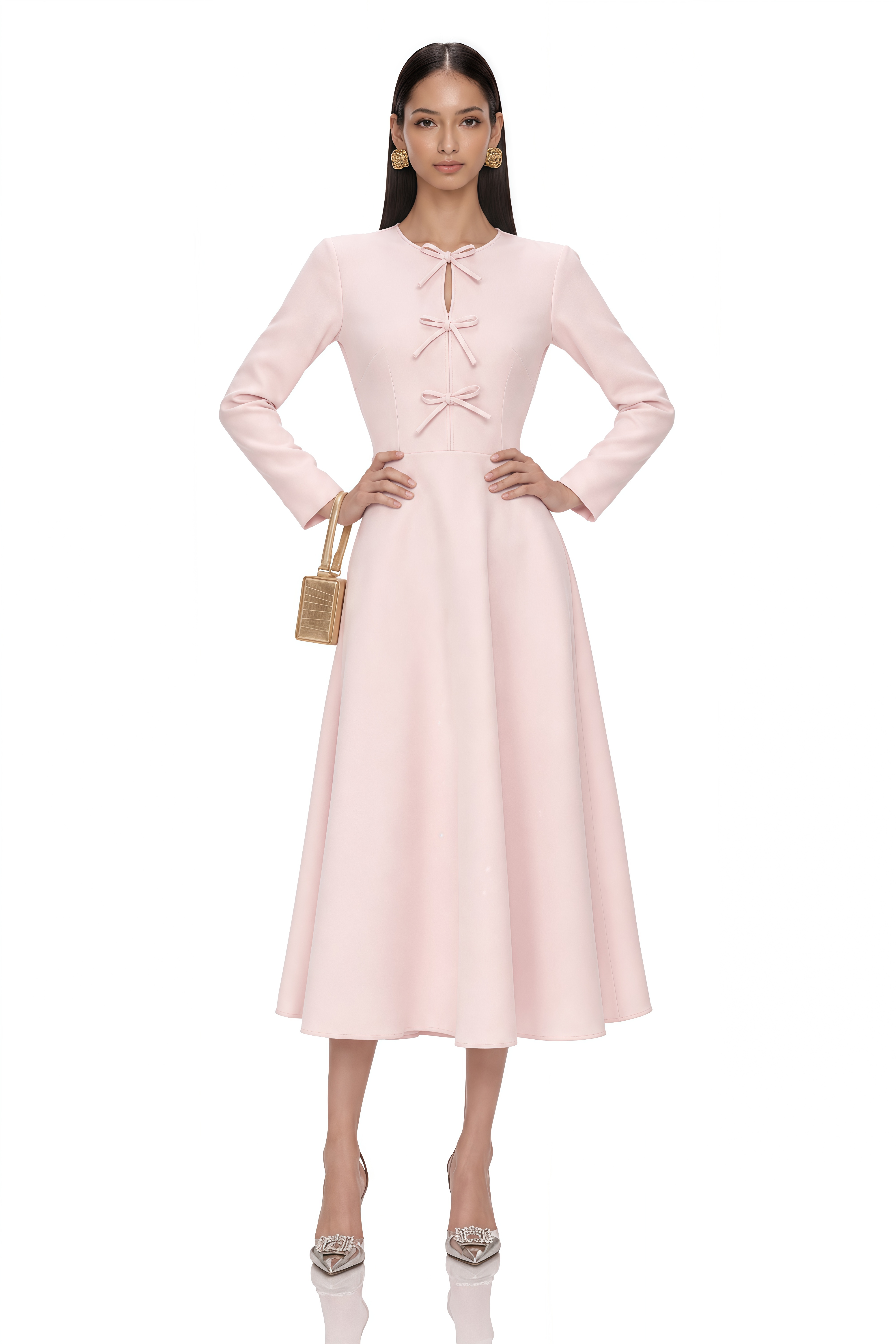 Elise Pink Bow-Detail Split-Neck Midi Dress