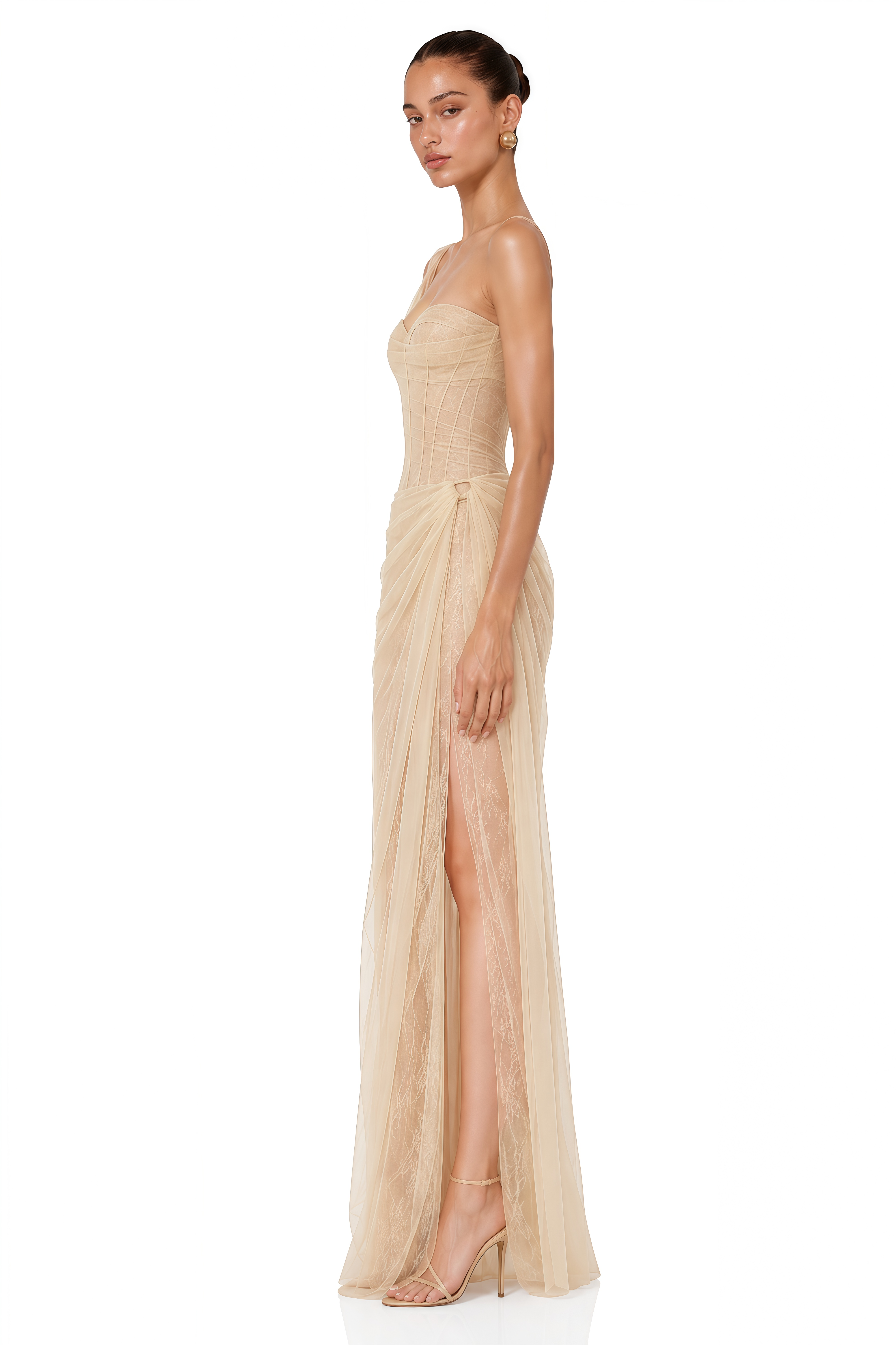 Juno Neutral Pleated Mesh Midi Dress